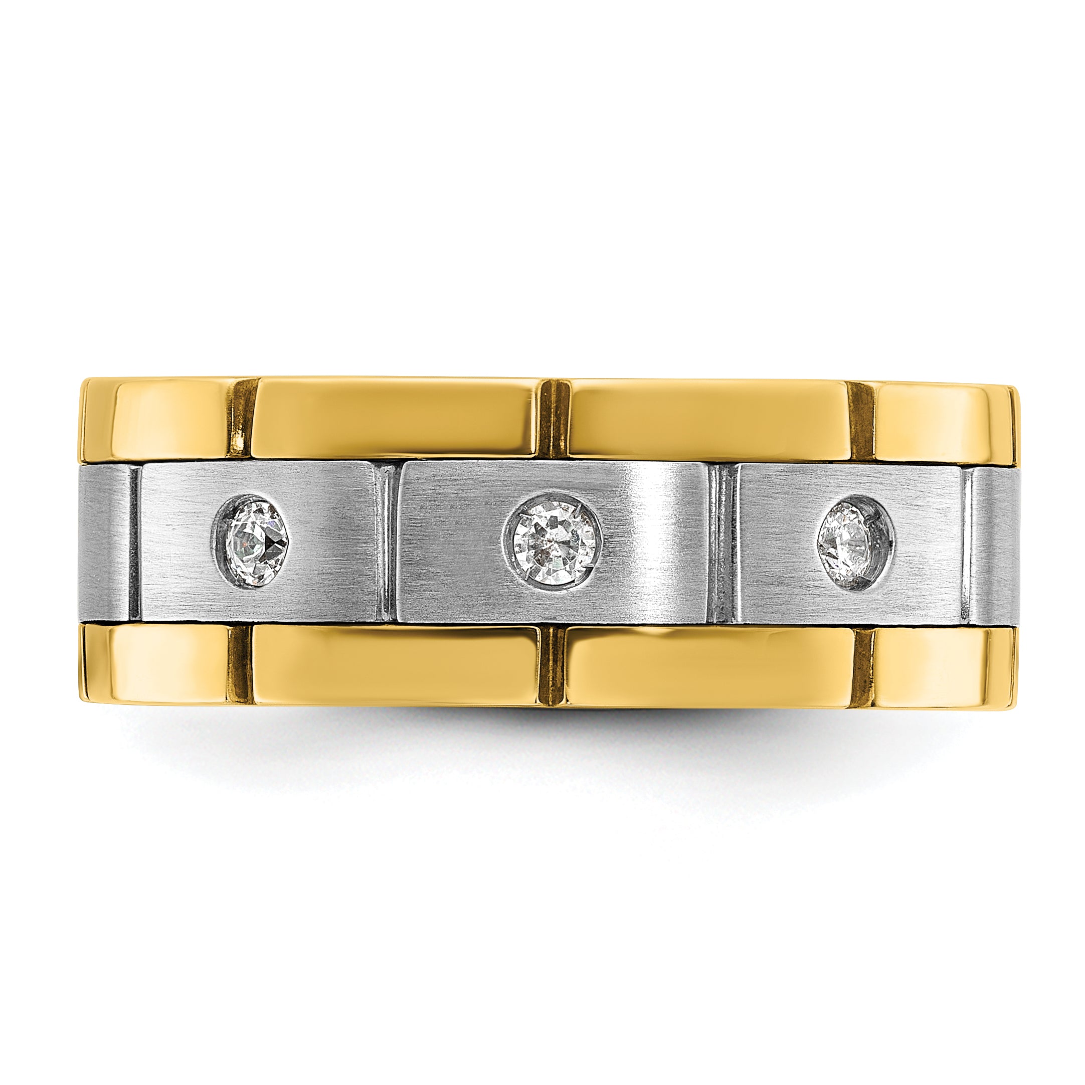 14k Two-tone Men's Polished Satin and Grooved 3-Stone 1/6 Carat AA Quality Diamond Ring - Sophia Jewelers