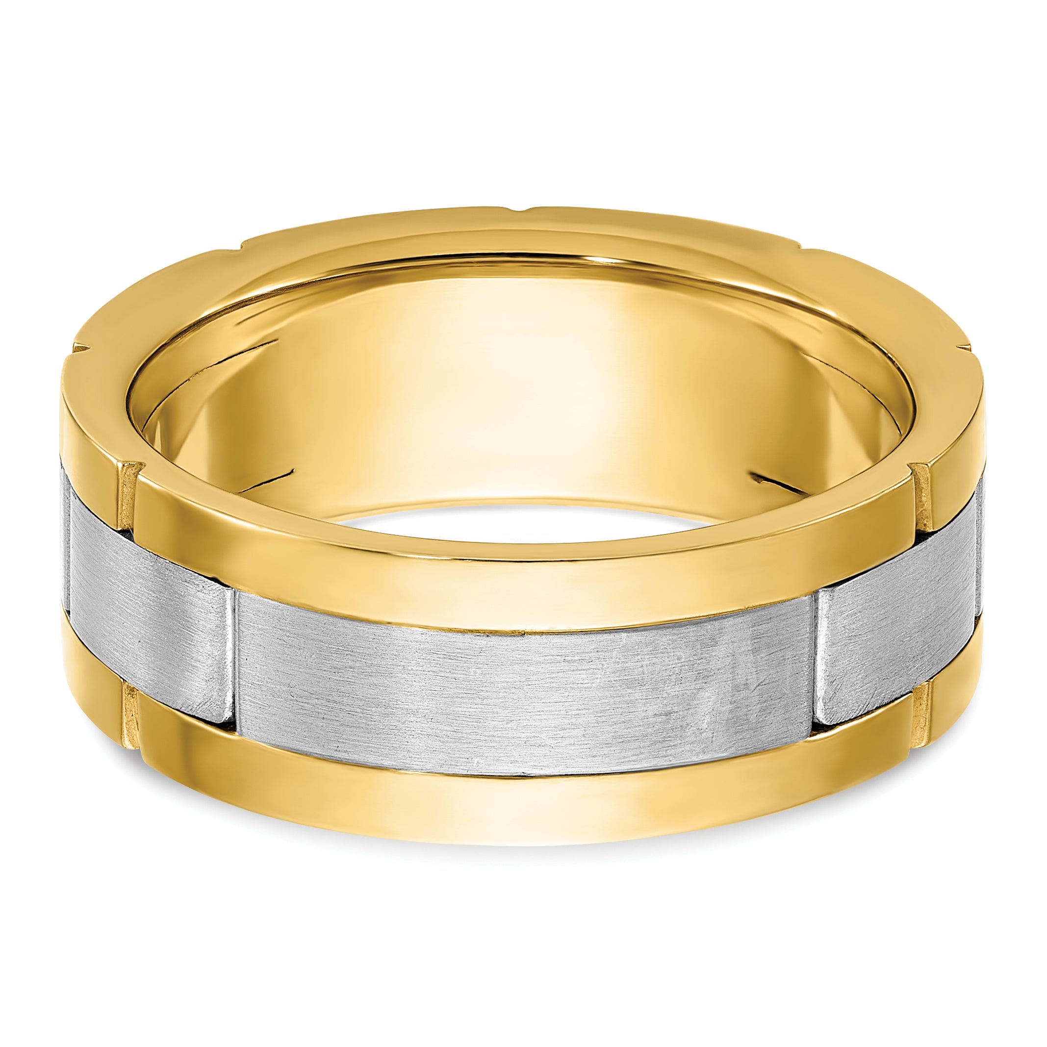 14k Two-tone Men's Polished Satin and Grooved 3-Stone 1/6 Carat AA Quality Diamond Ring - Sophia Jewelers