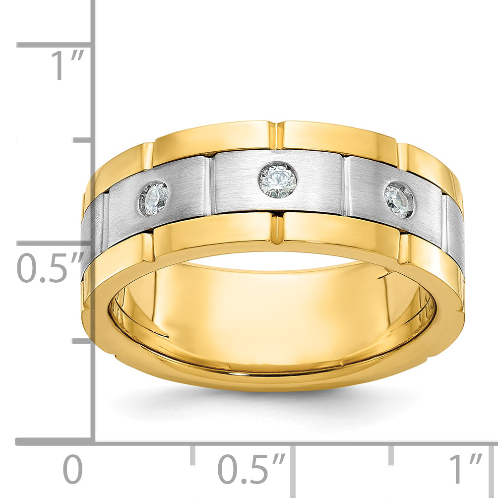 14k Two-tone Men's Polished Satin and Grooved 3-Stone 1/6 Carat AA Quality Diamond Ring - Sophia Jewelers