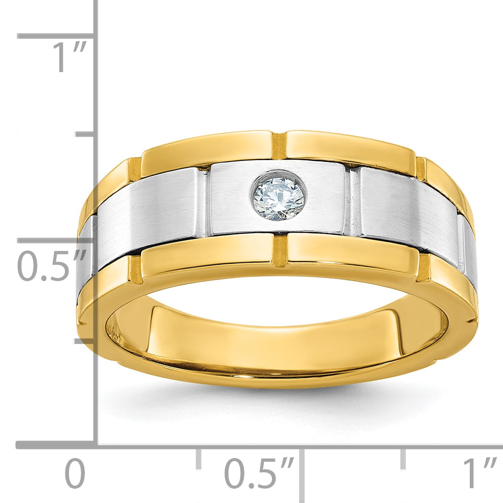 10k Two-tone Men's Polished Satin and Grooved 1/10 Carat A Quality Diamond Ring Secondary image