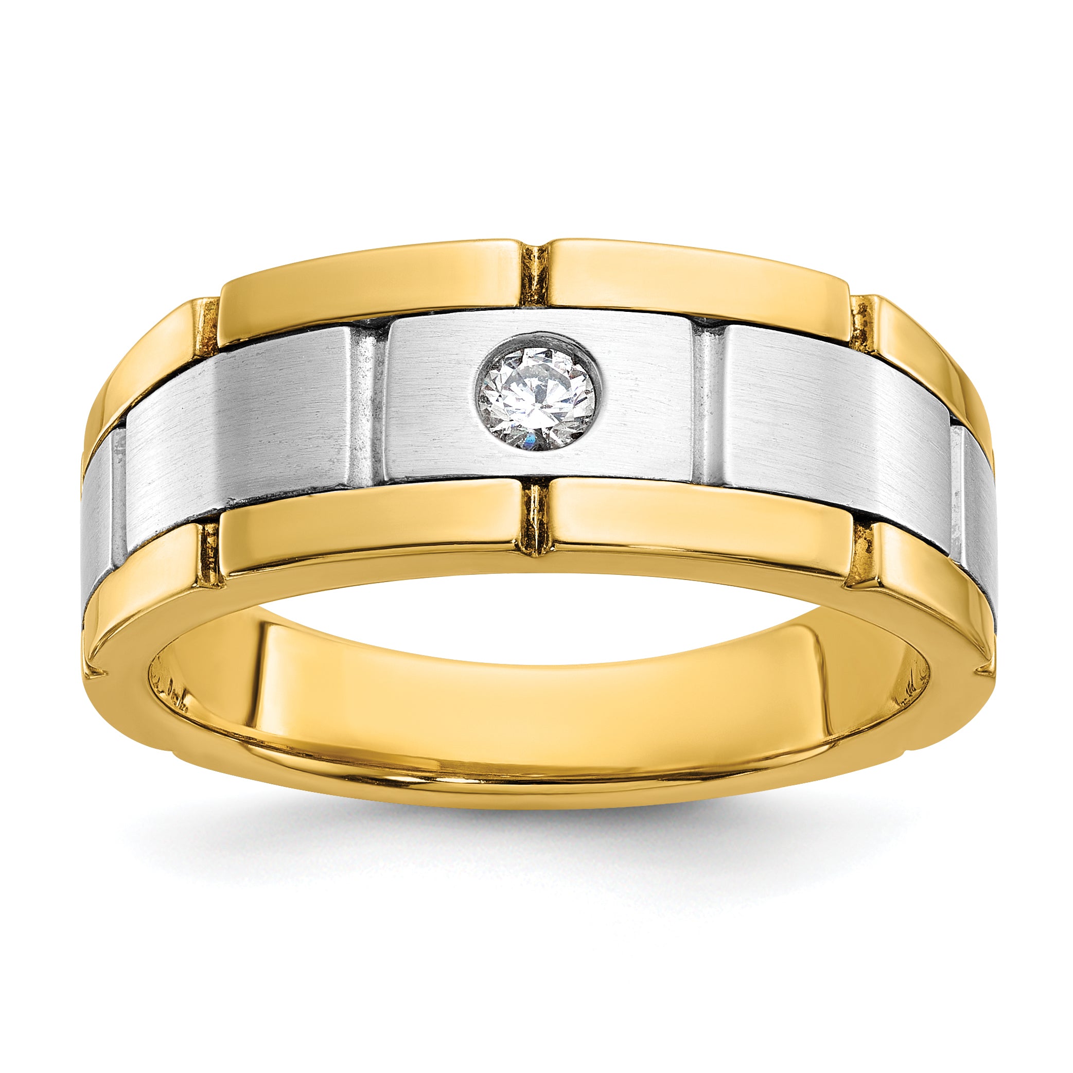 14k Two-tone Men's Polished Satin and Grooved 1/10 Carat AA Quality Diamond Ring - Sophia Jewelers