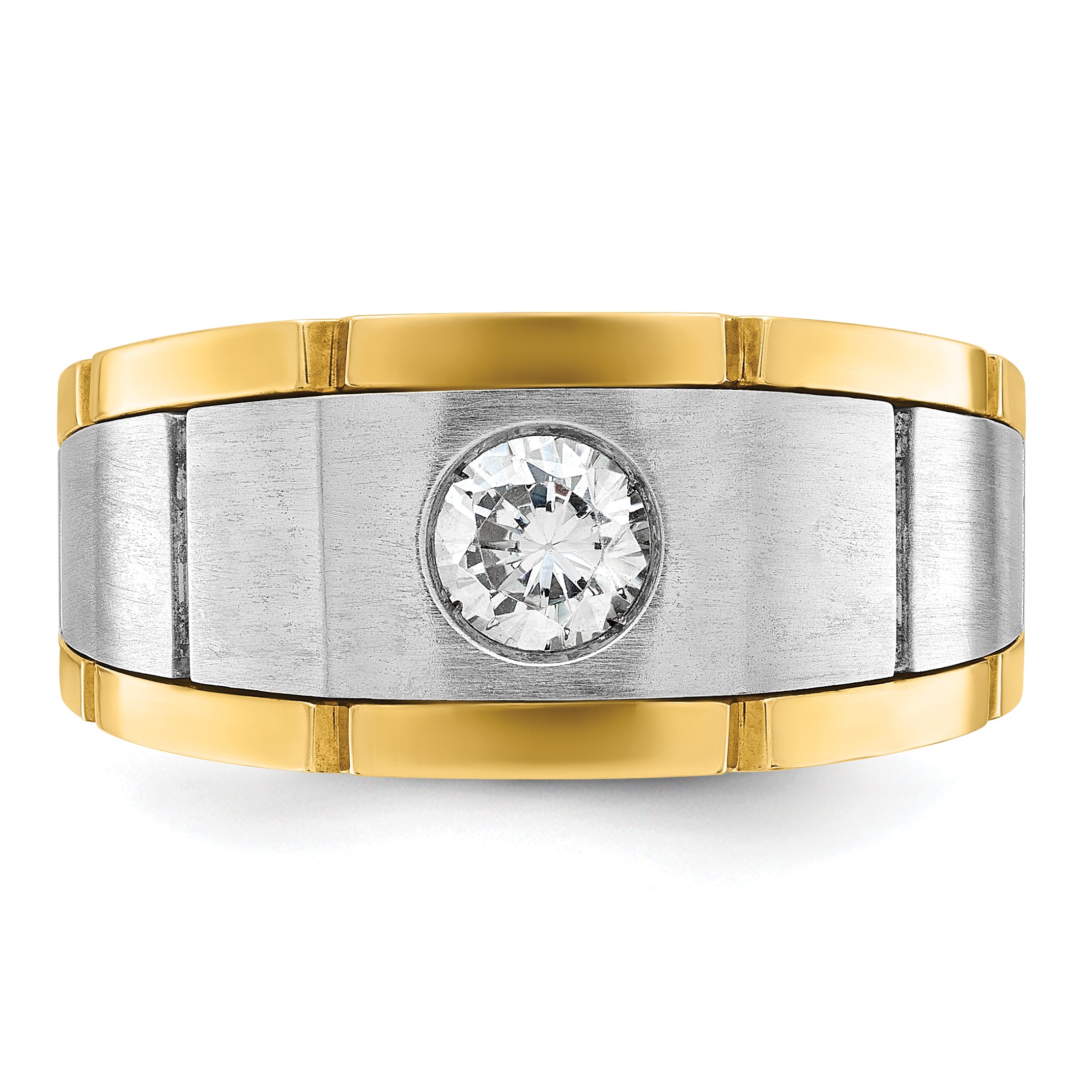 10k Two-tone Men's Polished Satin and Grooved 1/2 Carat A Quality Diamond Ring