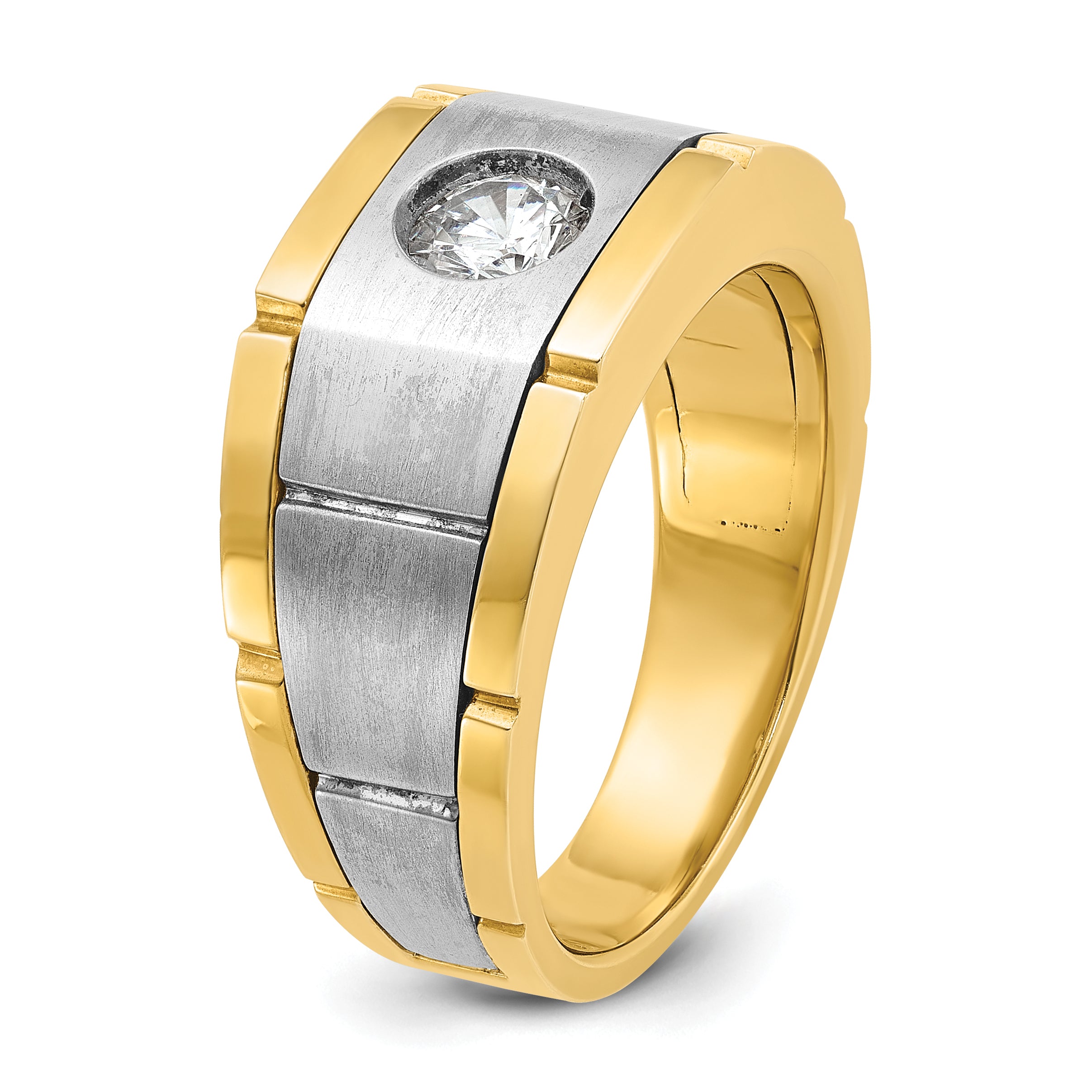 10k Two-tone Men's Polished Satin and Grooved 1/2 Carat A Quality Diamond Ring