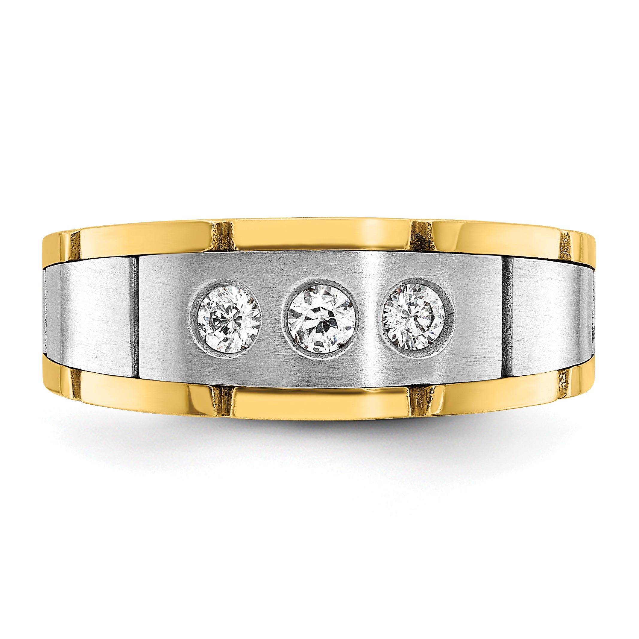 14k Two-tone Men's Polished Satin and Grooved 3-Stone 1/4 Carat AA Quality Diamond Ring - Sophia Jewelers