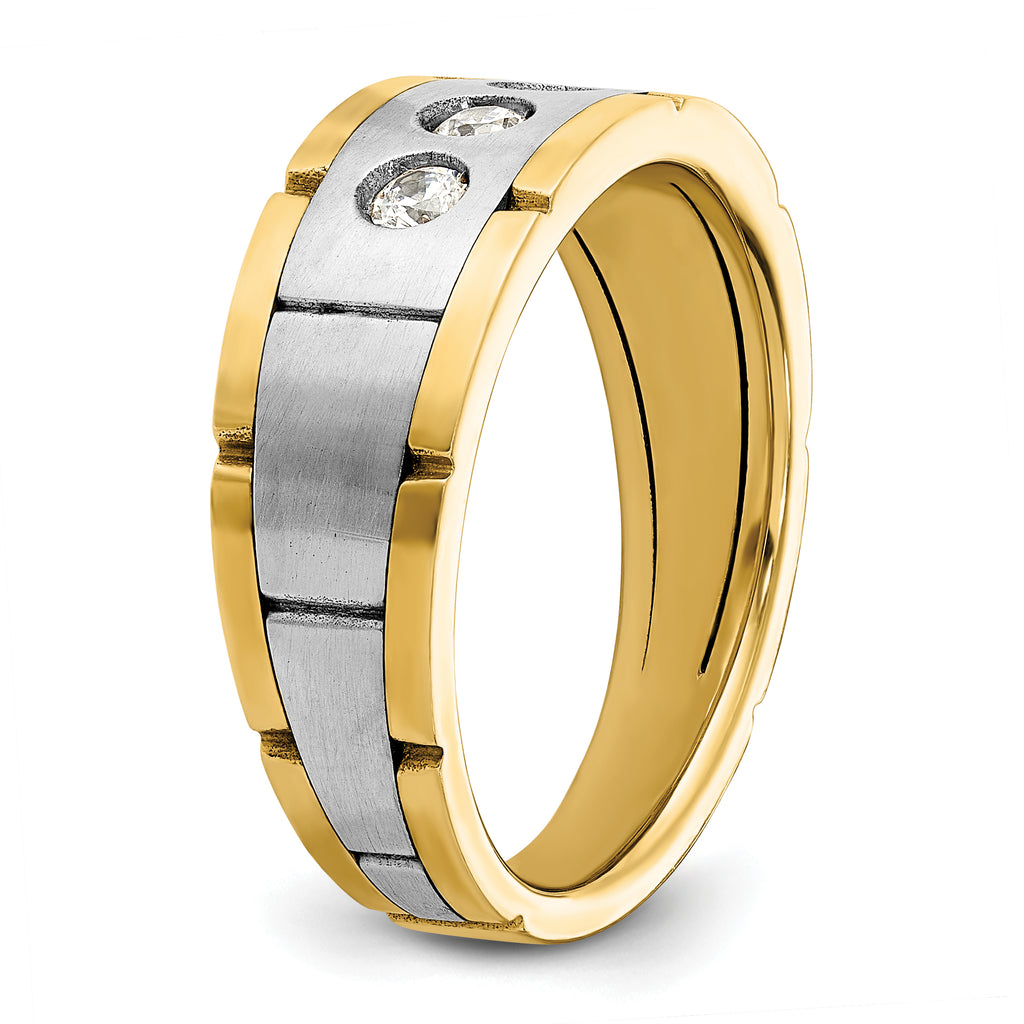 14k Two-tone Men's Polished Satin and Grooved 3-Stone 1/4 Carat AA Quality Diamond Ring - Sophia Jewelers