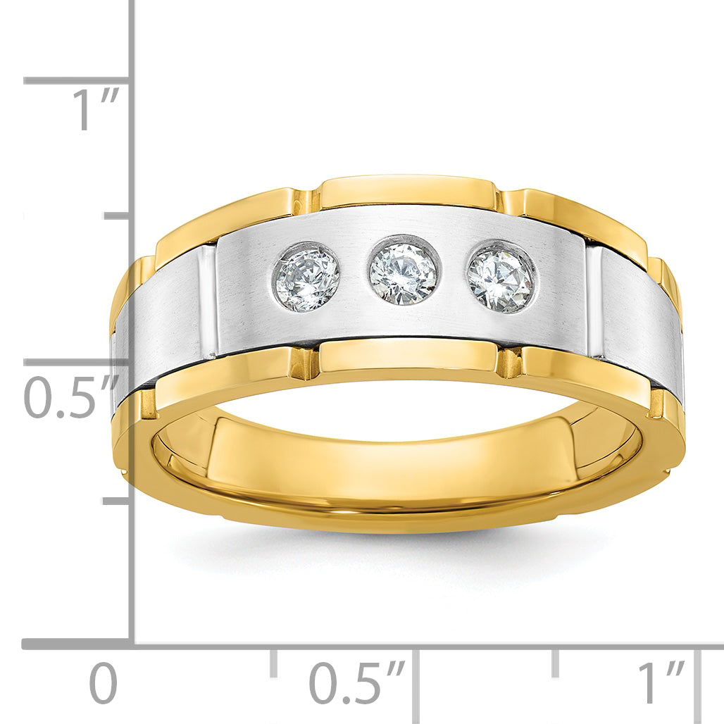 14k Two-tone Men's Polished Satin and Grooved 3-Stone 1/4 Carat AA Quality Diamond Ring Secondary image