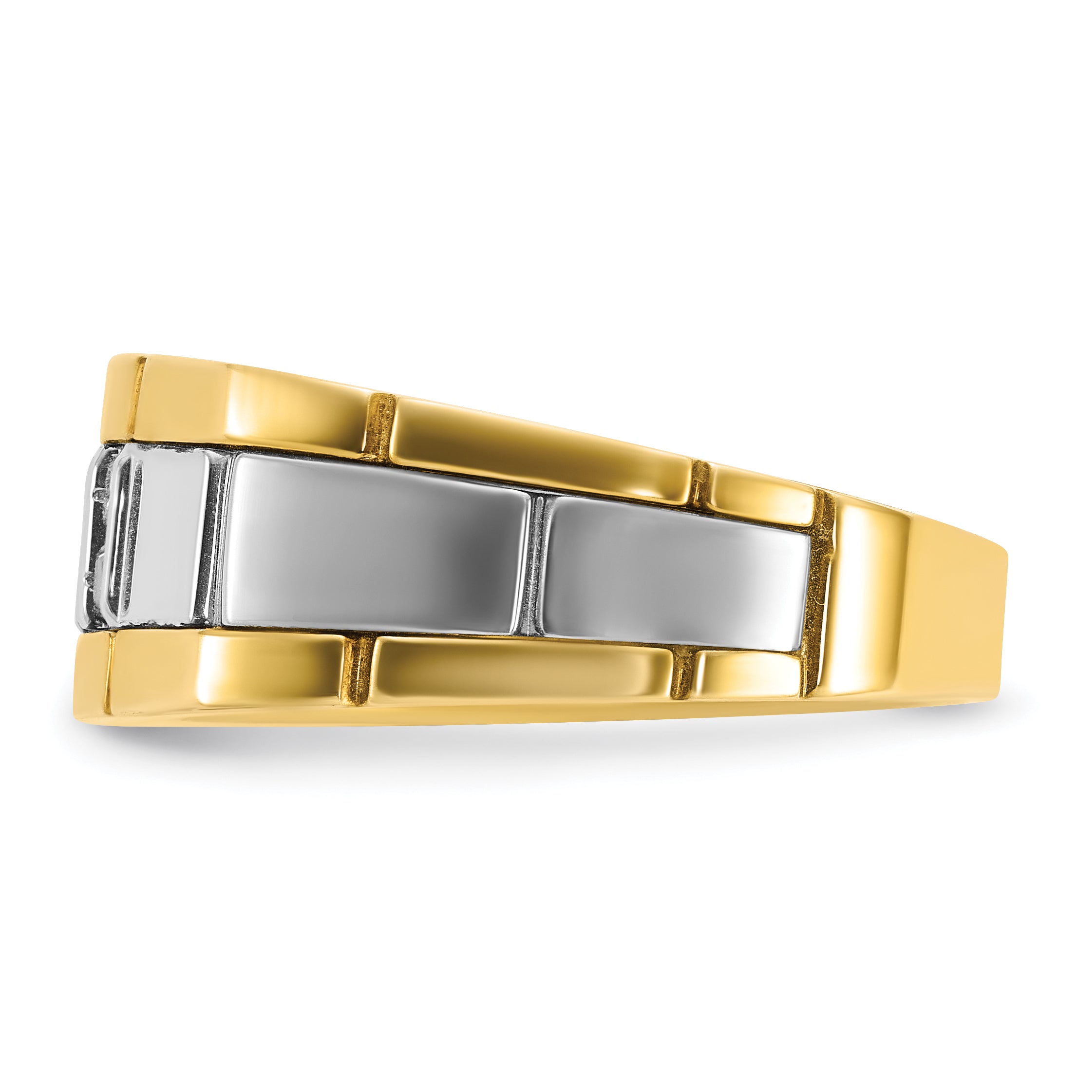 10k Two-tone Men's Polished and Grooved Lab Created Sapphire and 1/10 Carat A Quality Diamond Ring