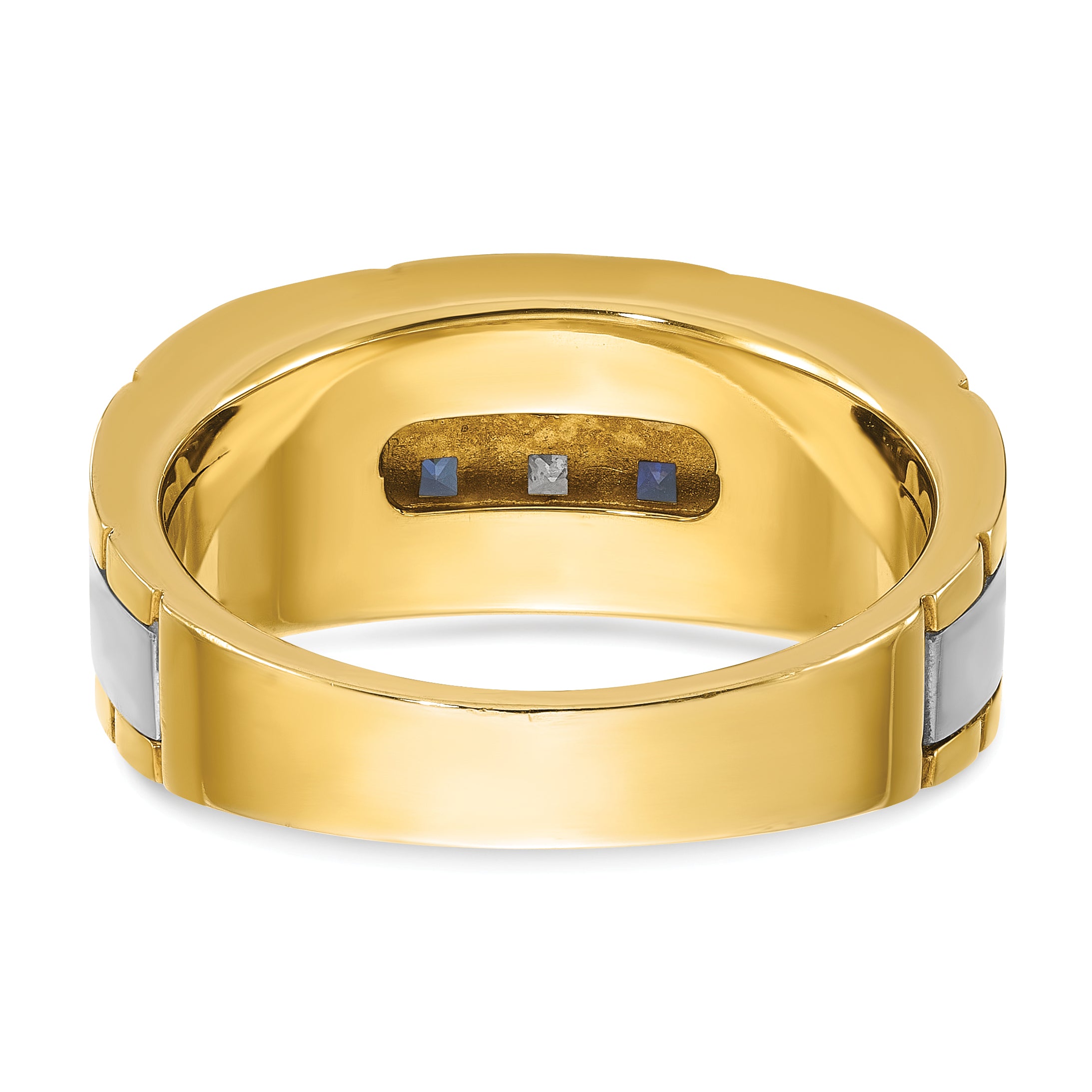 10k Two-tone Men's Polished and Grooved Lab Created Sapphire and 1/10 Carat A Quality Diamond Ring