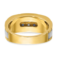 10k Two-tone Men's Polished and Grooved Lab Created Sapphire and 1/10 Carat A Quality Diamond Ring