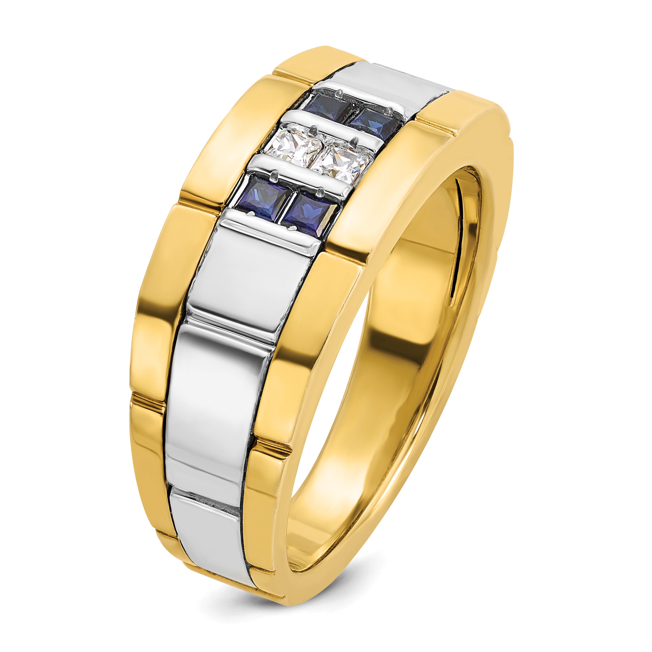 10k Two-tone Men's Polished and Grooved Lab Created Sapphire and 1/10 Carat A Quality Diamond Ring