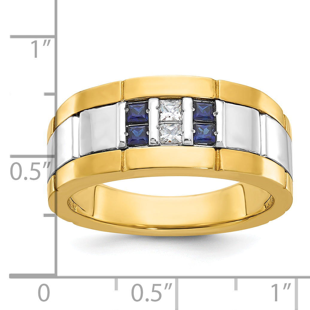 10k Two-tone Men's Polished and Grooved Lab Created Sapphire and 1/10 Carat A Quality Diamond Ring