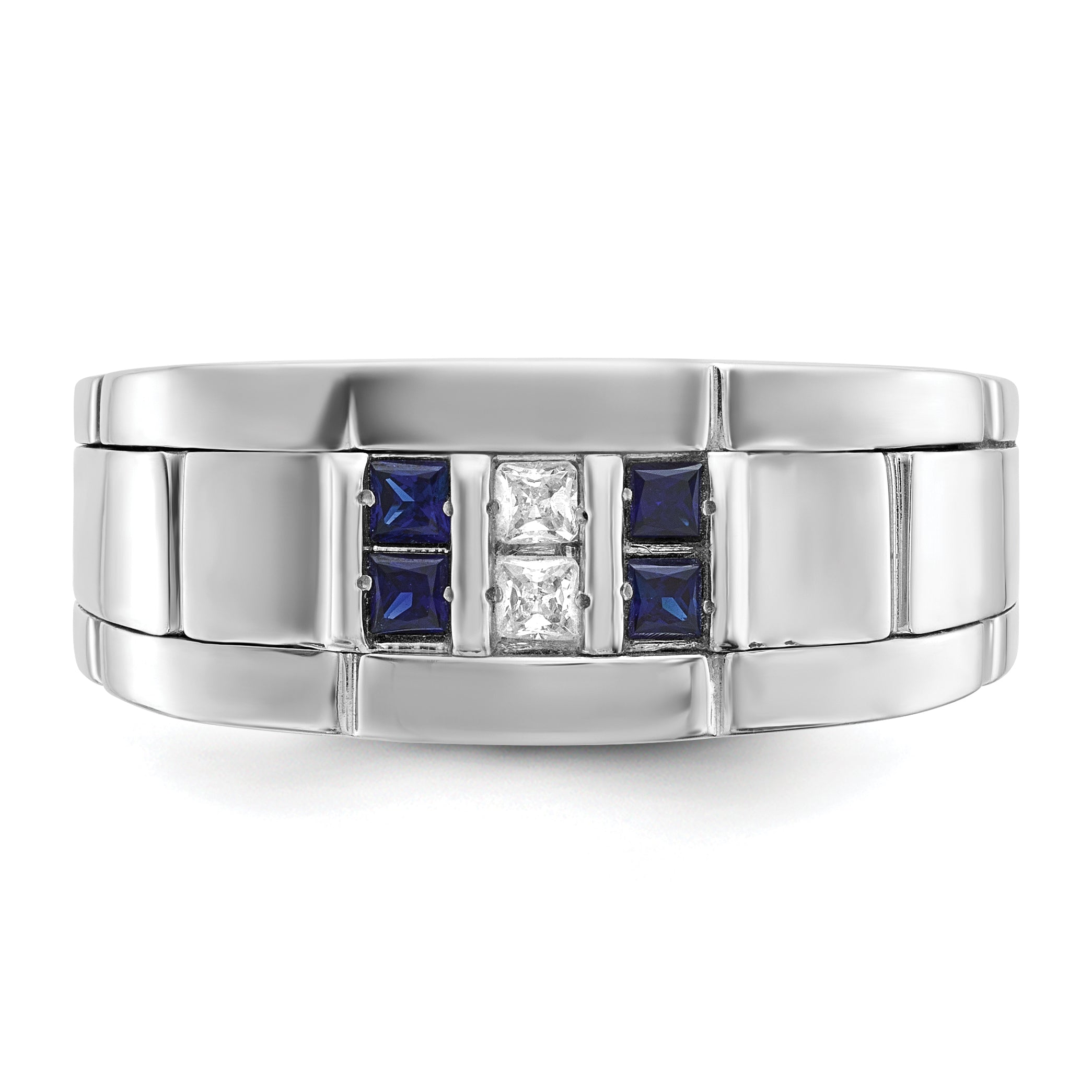 14k White Gold Men's Polished and Grooved Lab Created Sapphire and 1/10 Carat AA Quality Diamond Rin - Sophia Jewelers