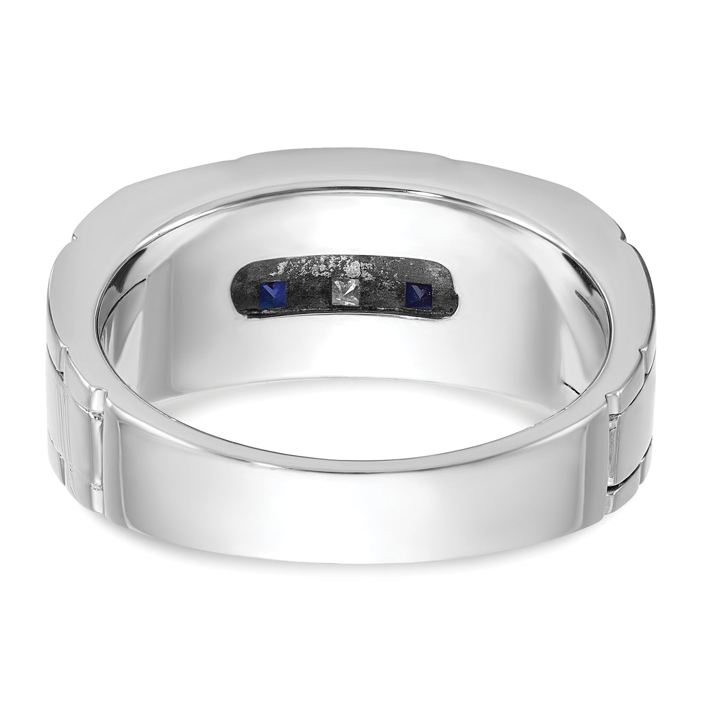 14k White Gold Men's Polished and Grooved Lab Created Sapphire and 1/10 Carat AA Quality Diamond Rin - Sophia Jewelers