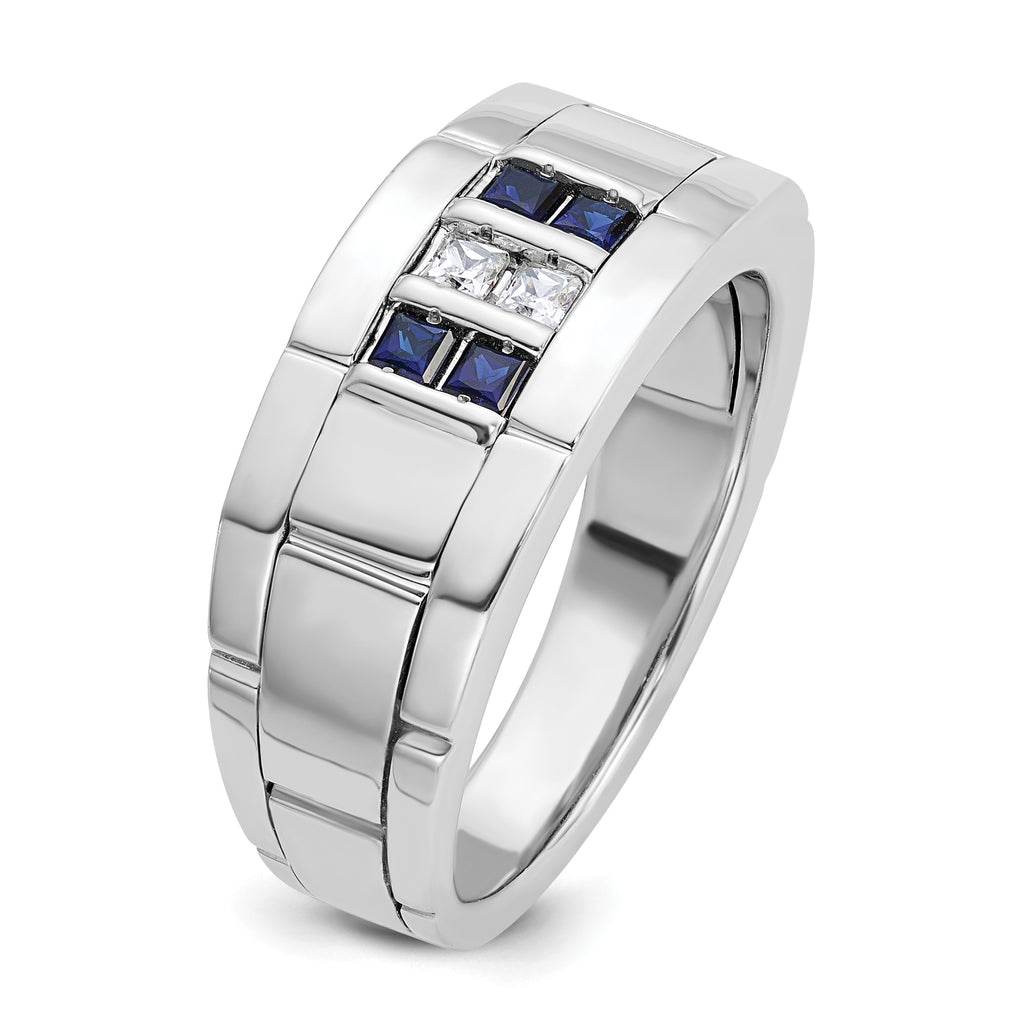 14k White Gold Men's Polished and Grooved Lab Created Sapphire and 1/10 Carat AA Quality Diamond Rin - Sophia Jewelers