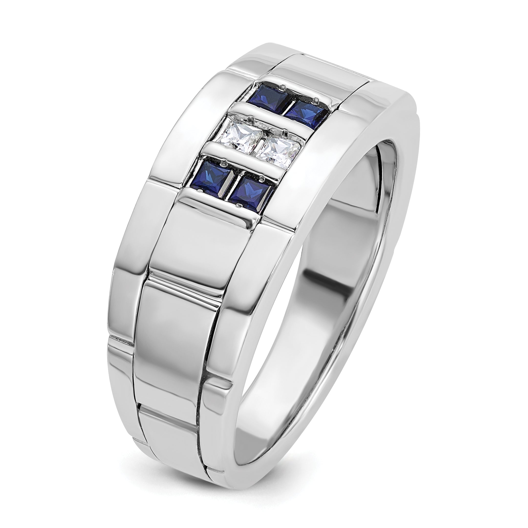 14k White Gold Men's Polished and Grooved Lab Created Sapphire and 1/10 Carat AA Quality Diamond Rin - Sophia Jewelers