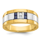 14k Two-tone Men's Polished and Grooved Lab Created Sapphire and 1/10 Carat AA Quality Diamond Ring - Sophia Jewelers