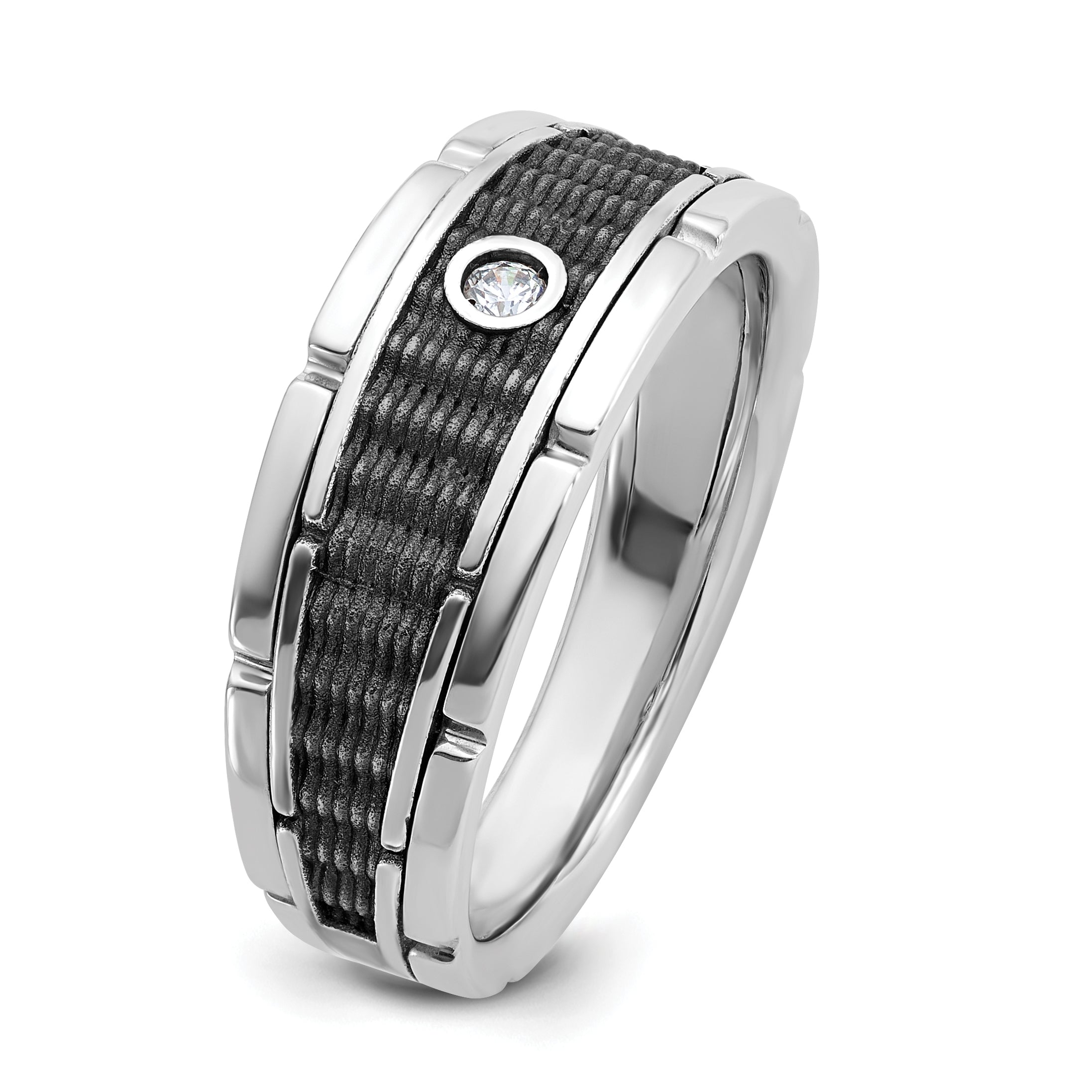 14k White Gold with Black Rhodium Men's Polished and Textured 1/20 Carat AA Quality Solitaire Diamon - Sophia Jewelers