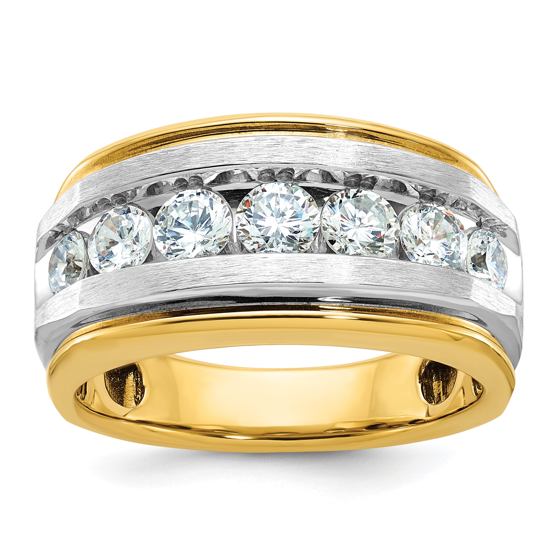 14k Men's Polished Satin and Grooved 7-Stone Ring Mounting, Mounting Only - Sophia Jewelers