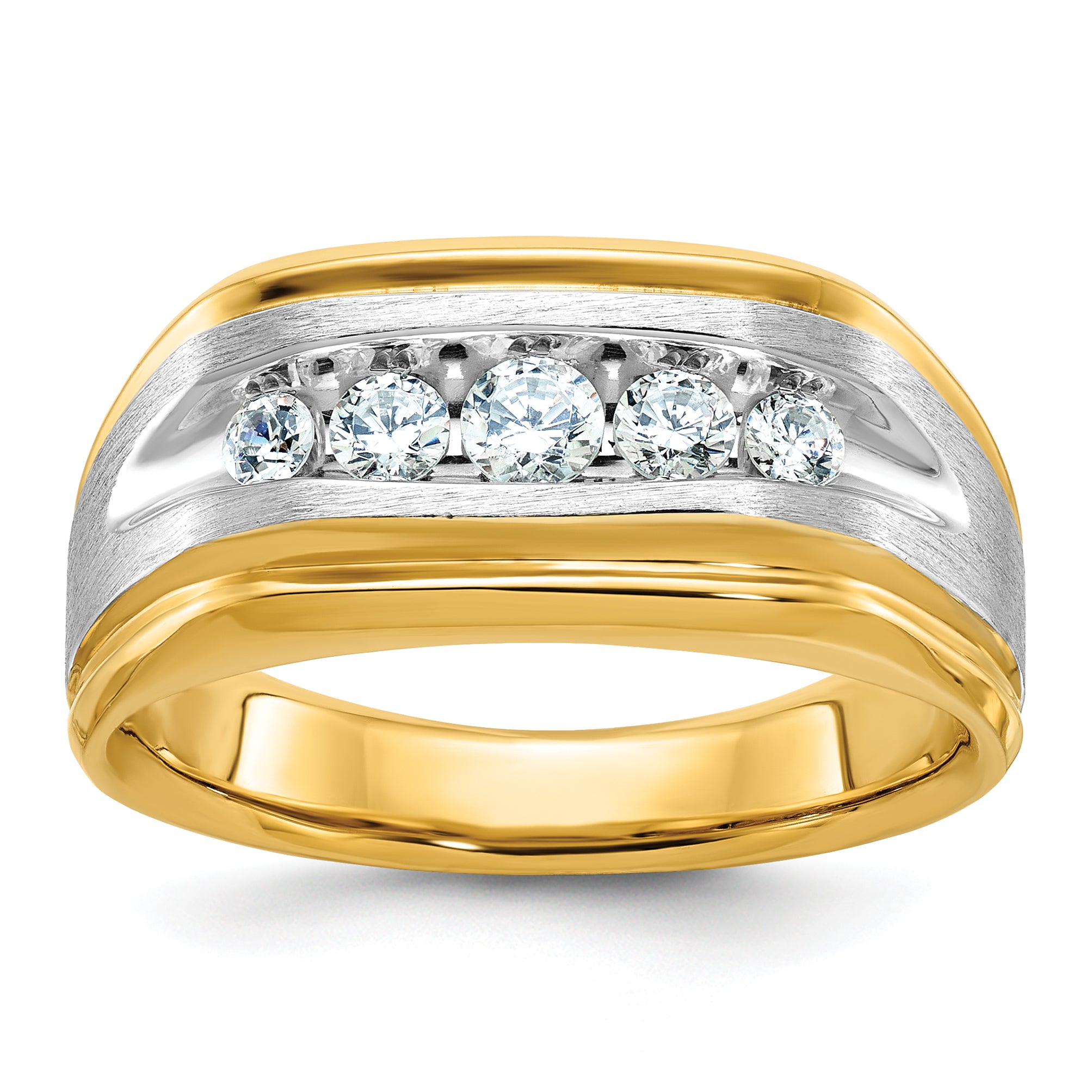 14k Two-tone Men's Polished Satin and Grooved 5-Stone Ring Mounting, Mounting Only - Sophia Jewelers