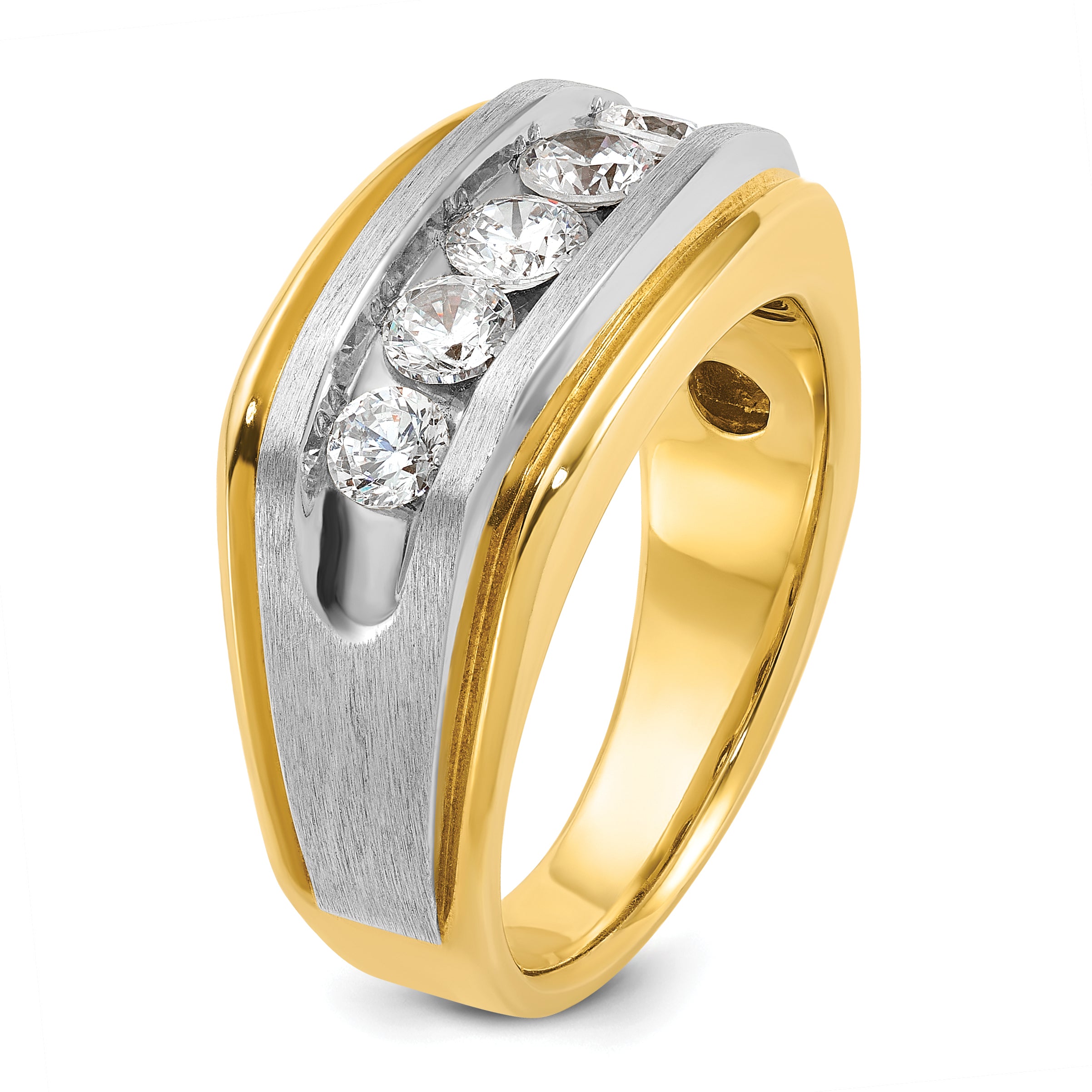 10k Two-tone Men's Polished Satin and Grooved 5-Stone 1 Carat A Quality Diamond Ring