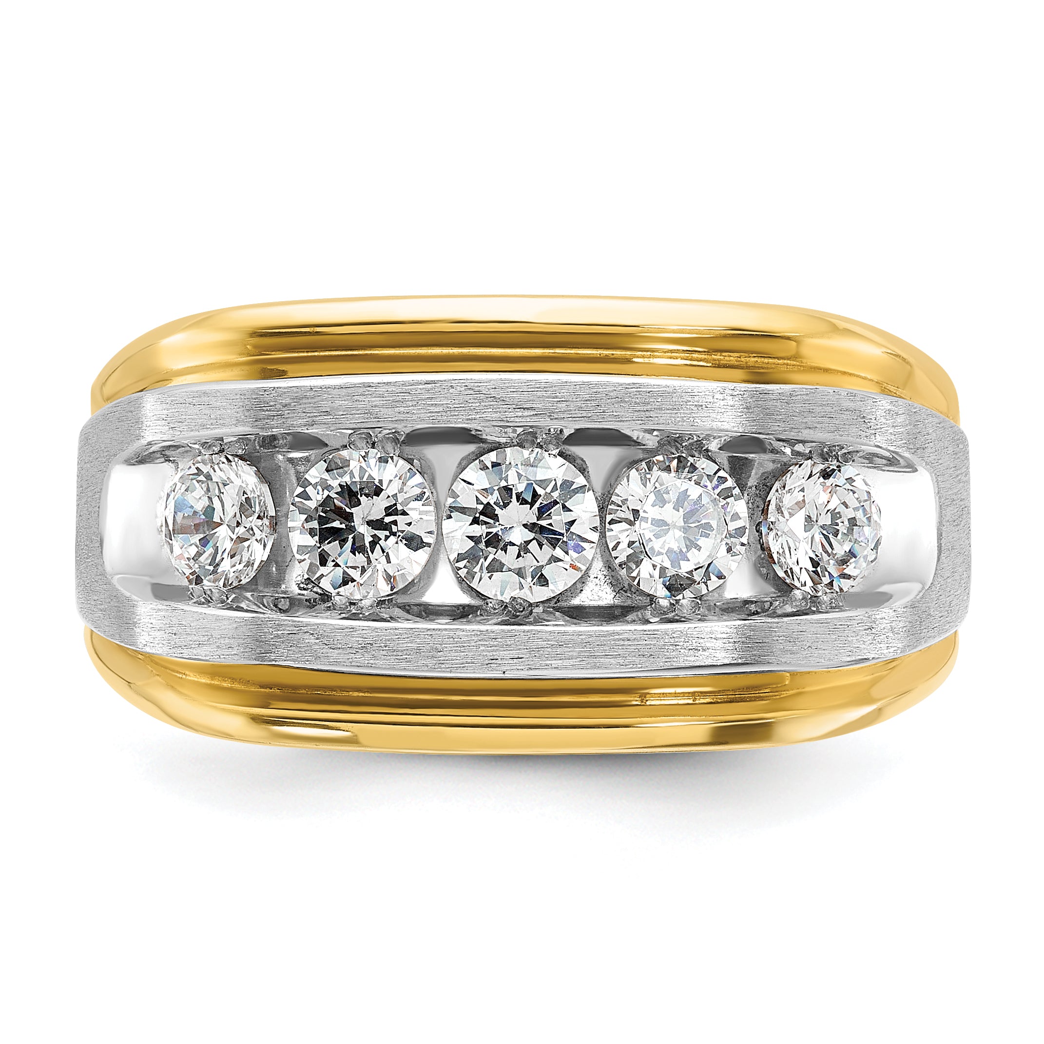 14k Two-tone Men's Polished Satin and Grooved 5-Stone 1 Carat AA Quality Diamond Ring - Sophia Jewelers