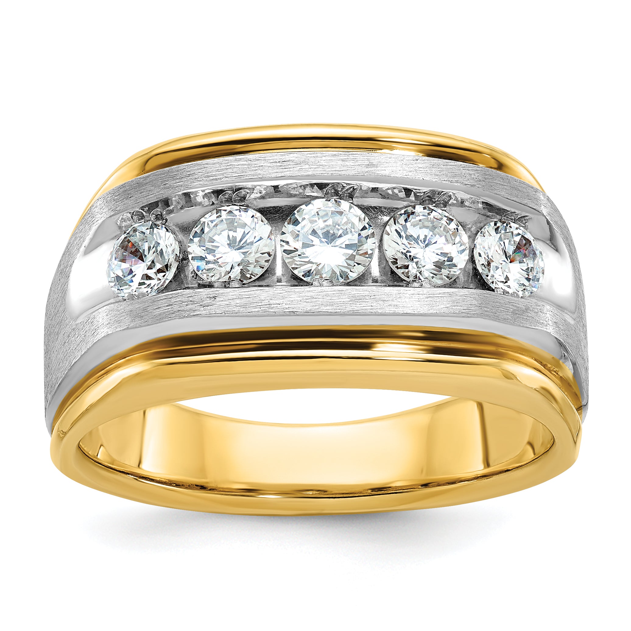 14k Two-tone Men's Polished Satin and Grooved 5-Stone 1 Carat AA Quality Diamond Ring - Sophia Jewelers Main image