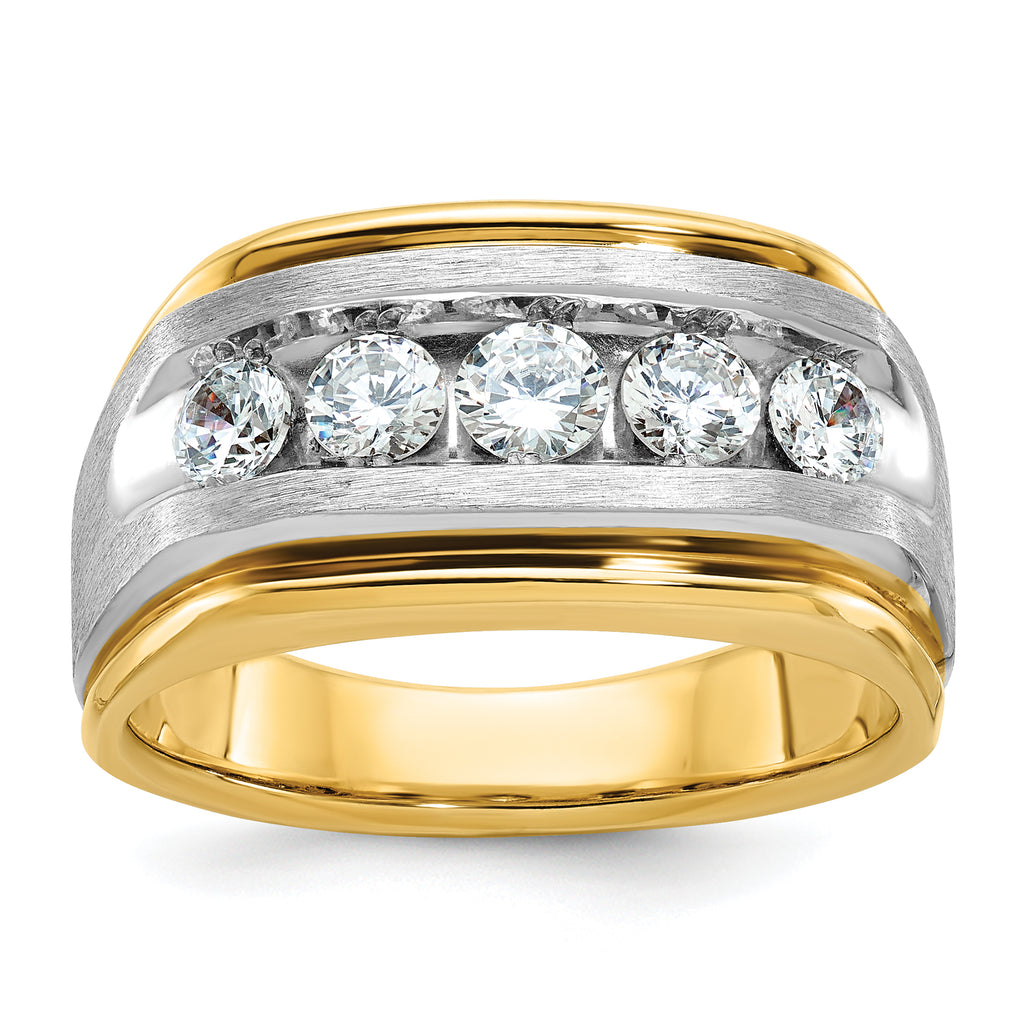 14k Two-tone Men's Polished Satin and Grooved 5-Stone 1 Carat AA Quality Diamond Ring - Sophia Jewelers