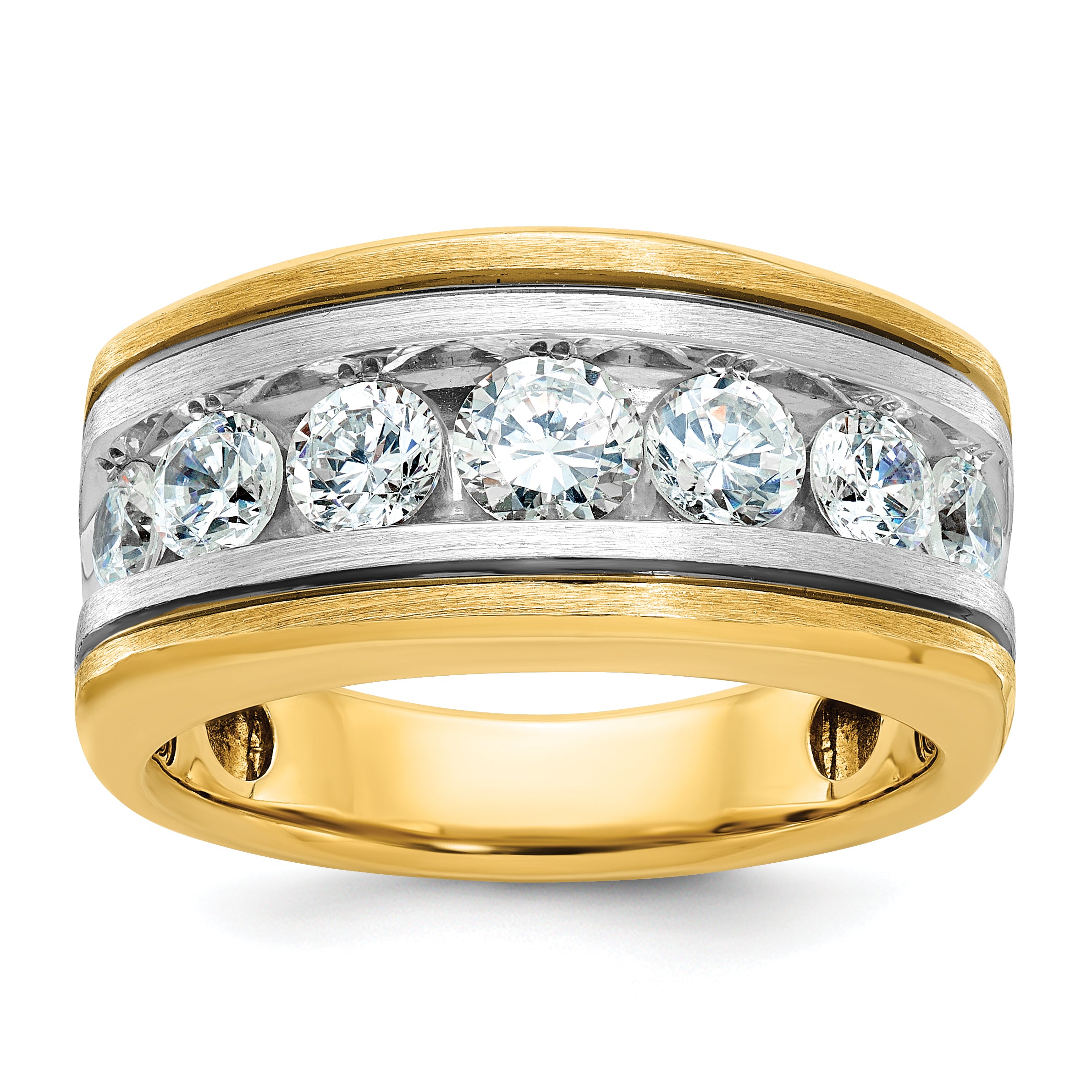 14k Two-tone Men's Polished Satin and Grooved 7-Stone Ring Mounting, Mounting Only - Sophia Jewelers