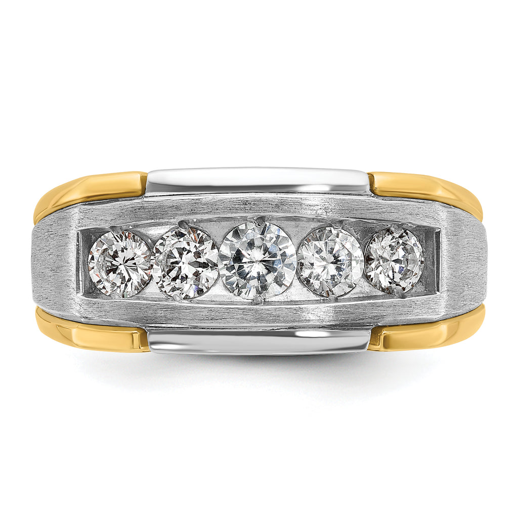 14k Two-tone Men's Polished Satin and Grooved 5-Stone 1 Carat AA Quality Diamond Ring - Sophia Jewelers