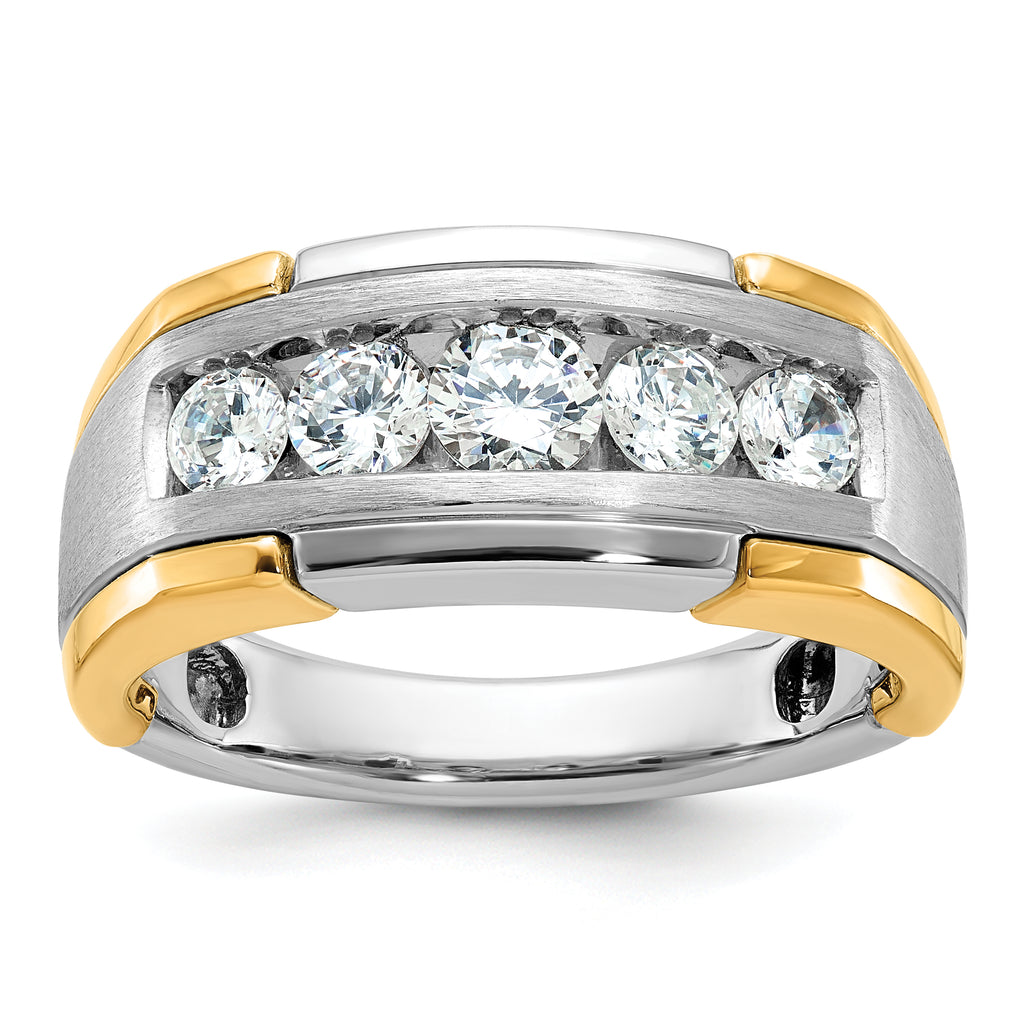 14k Two-tone Men's Polished Satin and Grooved 5-Stone 1 Carat AA Quality Diamond Ring - Sophia Jewelers