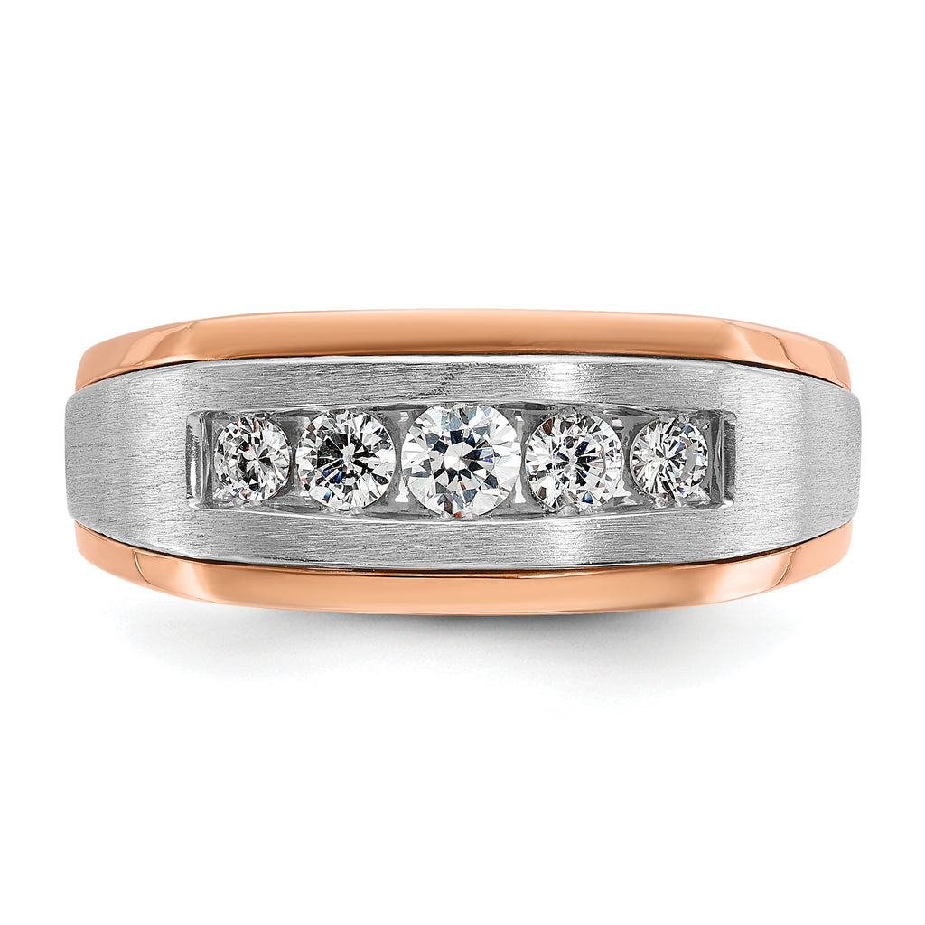14k White and Rose Gold Men's Polished Satin and Grooved 5-Stone 1/2 Carat AA Quality Diamond Ring - Sophia Jewelers