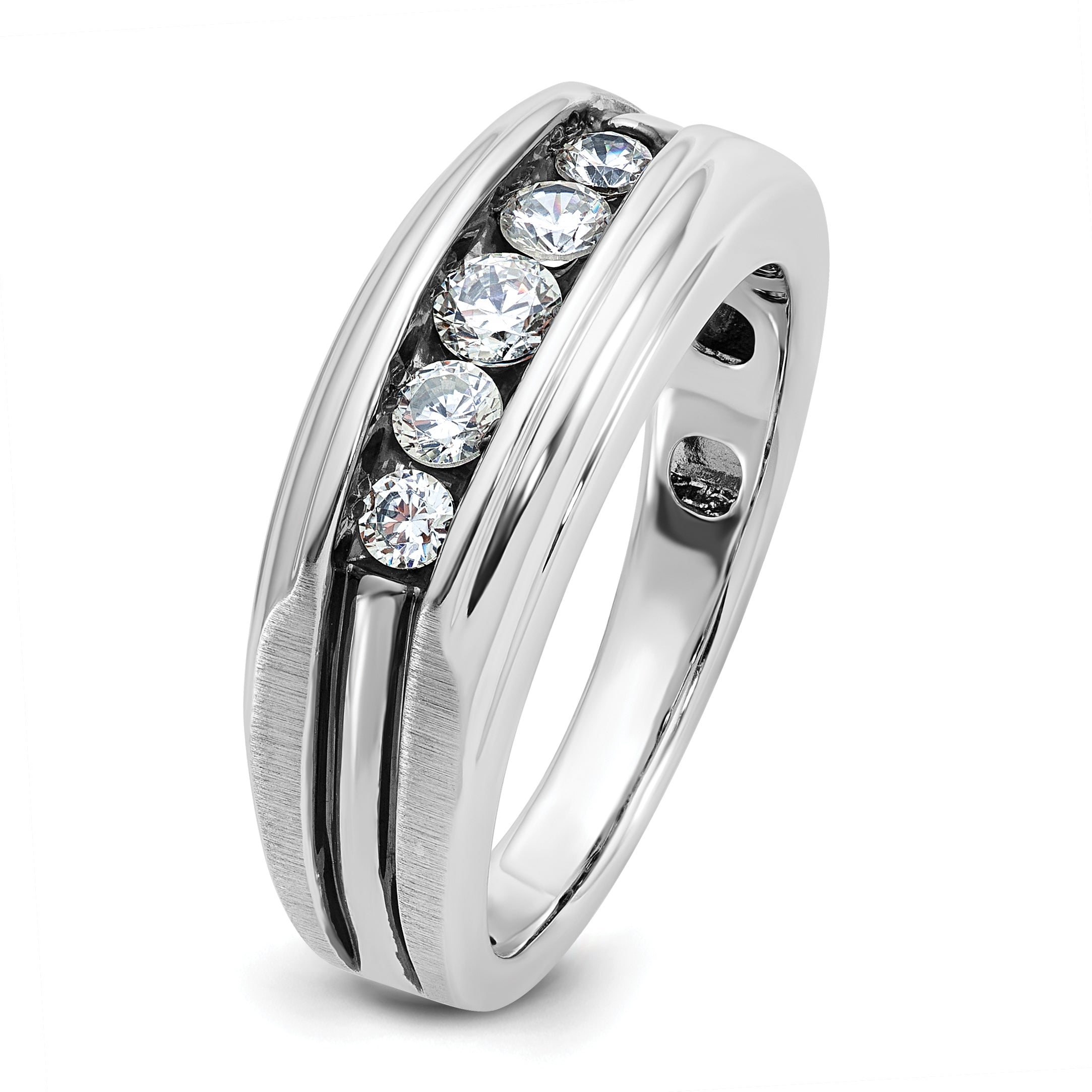 10k White Gold with Black Rhodium Men's Polished Satin and Grooved 5-Stone 1/2 Carat A Quality Diamond Ring