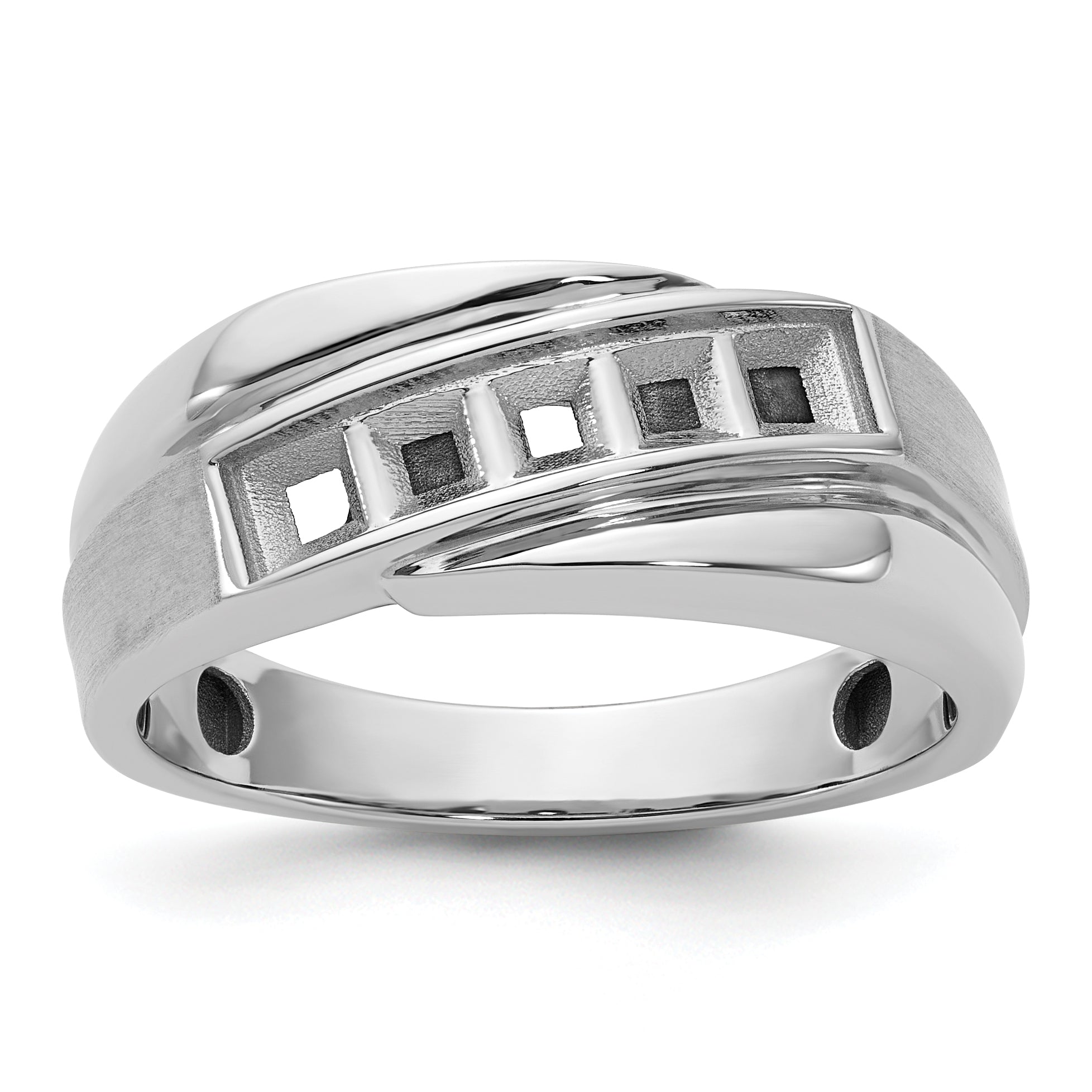 14k White Gold Polished Satin and Grooved 5-Stone Mens Ring Mounting, Mounting Only - Sophia Jewelers Main image