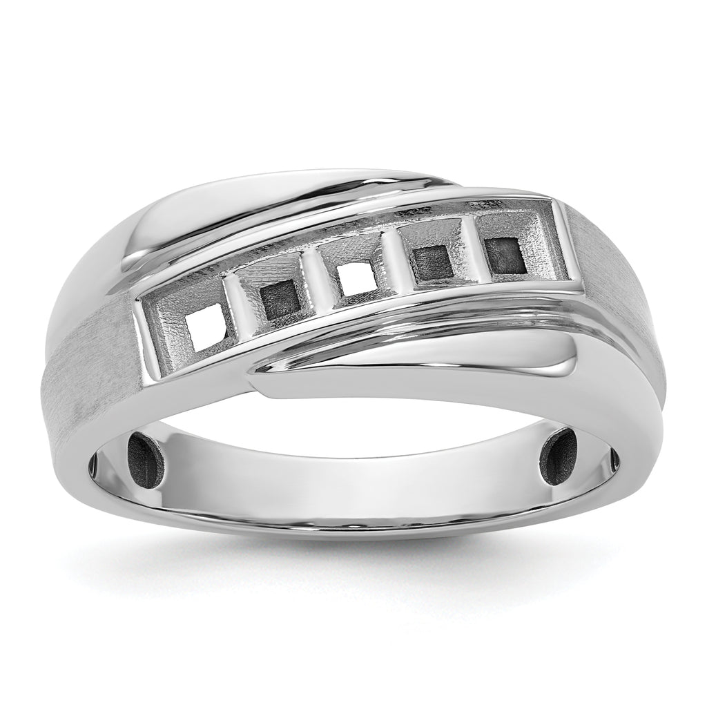 14k White Gold Polished Satin and Grooved 5-Stone Mens Ring Mounting, Mounting Only - Sophia Jewelers