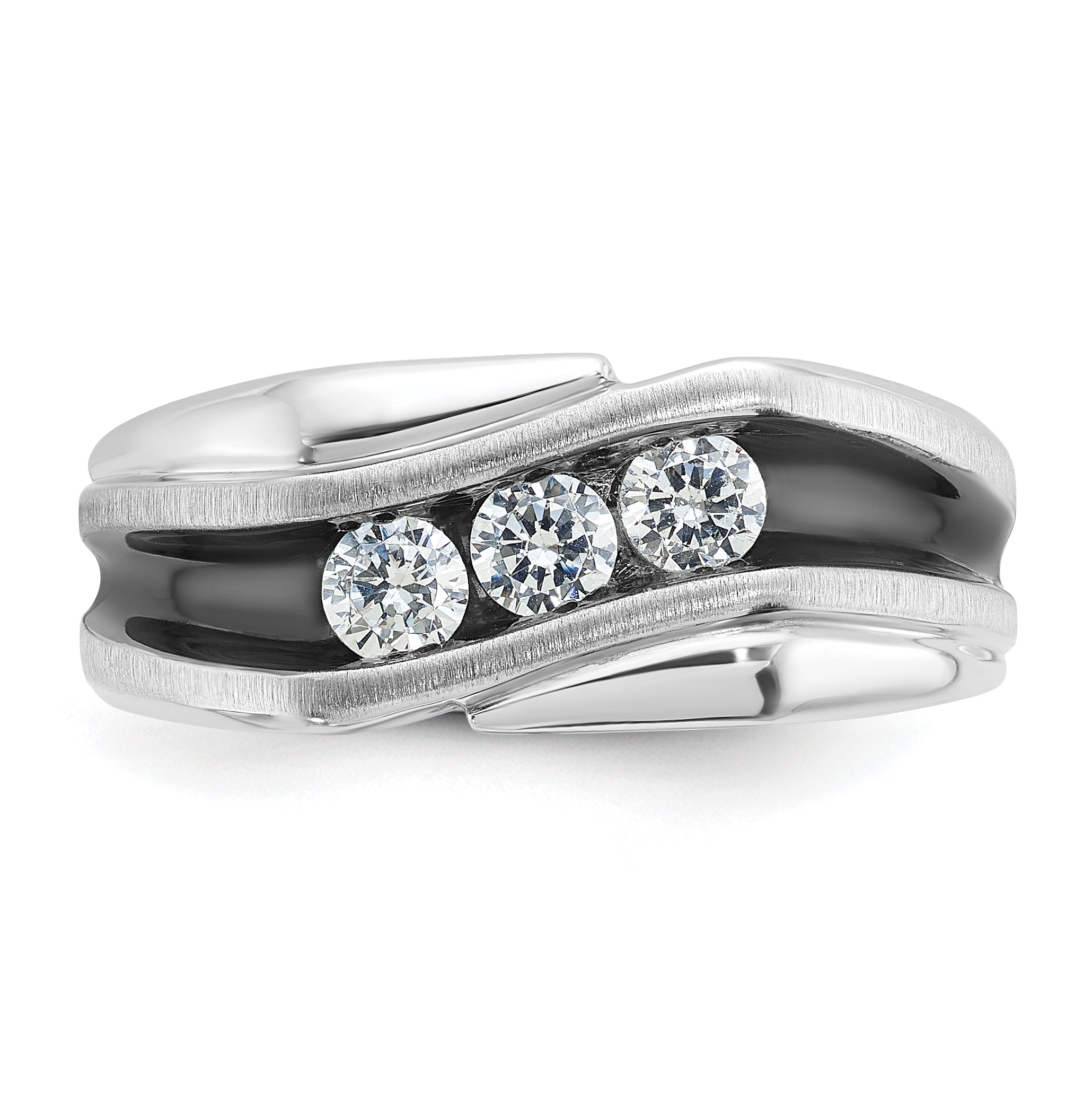 14k White Gold with Black Rhodium Men's Polished Satin and Grooved 3-Stone 1/2 Carat AA Quality Diam - Sophia Jewelers