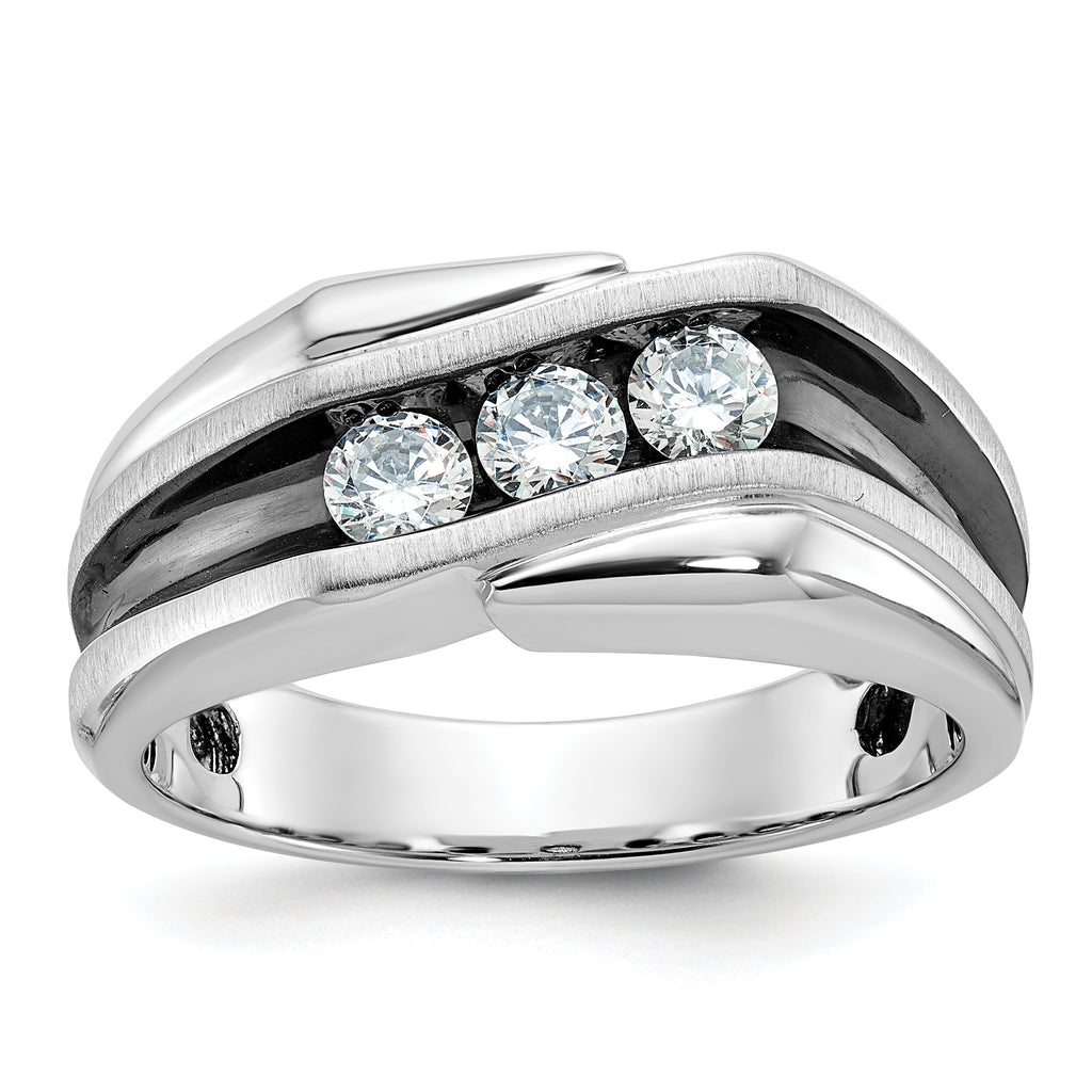 14k White Gold with Black Rhodium Men's Polished Satin and Grooved 3-Stone 1/2 Carat AA Quality Diam - Sophia Jewelers