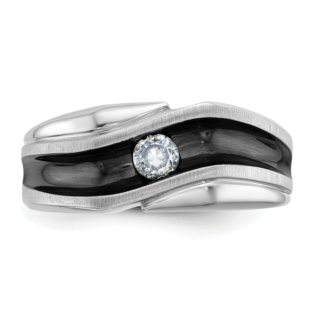 14k White Gold with Black Rhodium Men's Polished Satin and Grooved Solitaire 1/5 Carat AA Quality Di - Sophia Jewelers