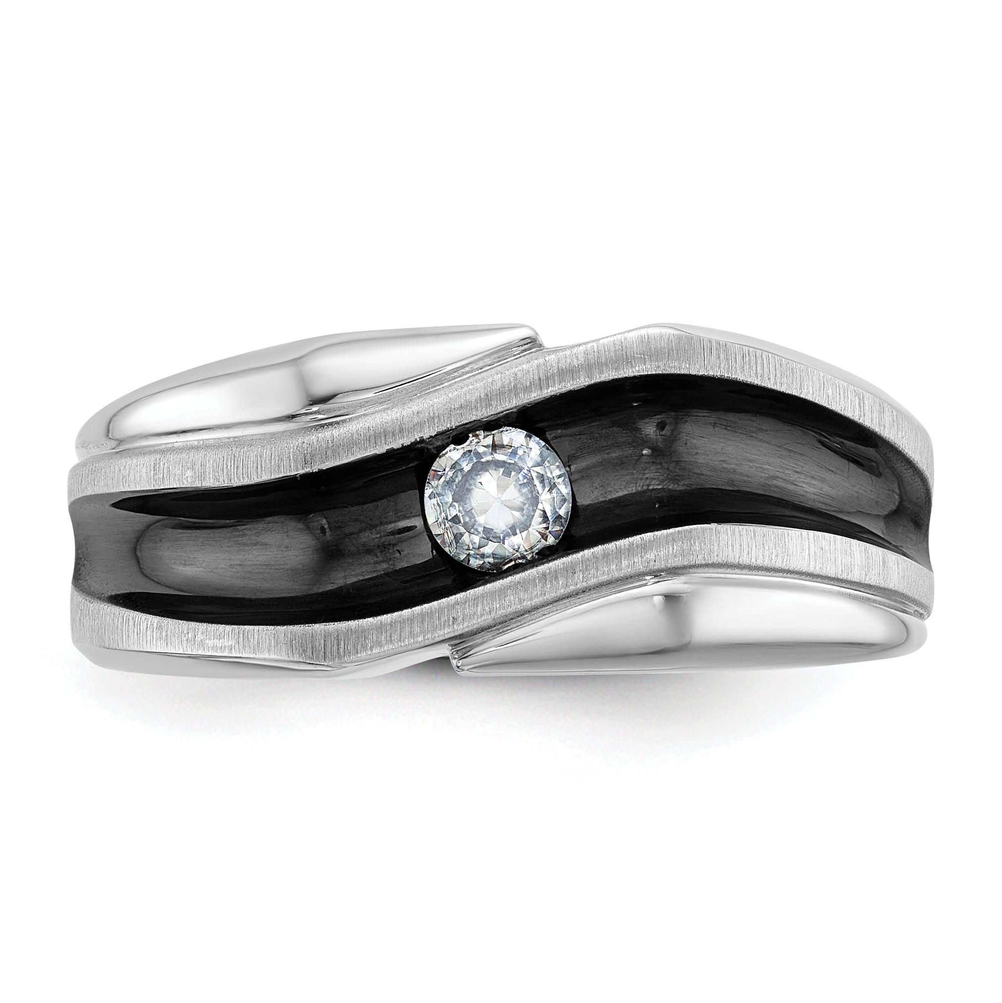 14k White Gold with Black Rhodium Men's Polished Satin and Grooved Solitaire 1/5 Carat AA Quality Di - Sophia Jewelers