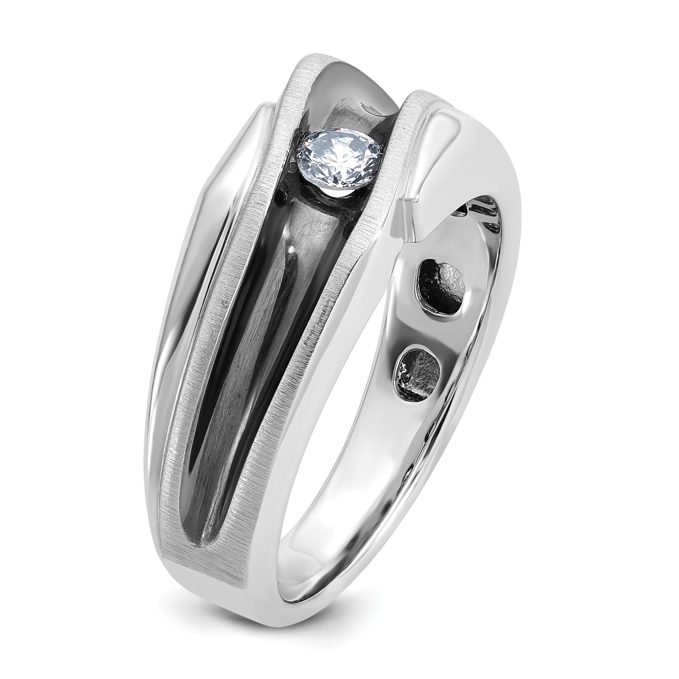 14k White Gold with Black Rhodium Men's Polished Satin and Grooved Solitaire 1/5 Carat AA Quality Di - Sophia Jewelers