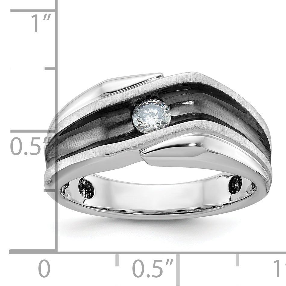 14k White Gold with Black Rhodium Men's Polished Satin and Grooved Solitaire 1/5 Carat AA Quality Di - Sophia Jewelers