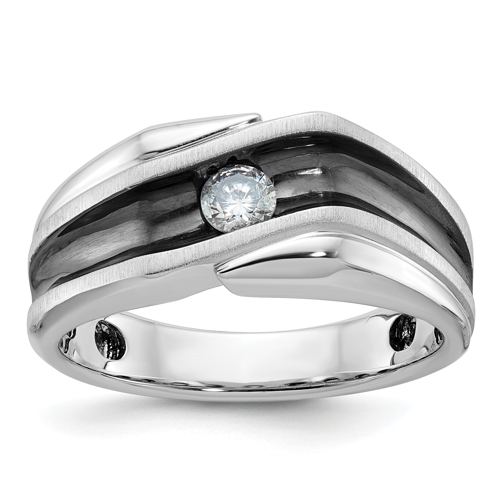 14k White Gold with Black Rhodium Men's Polished Satin and Grooved Solitaire 1/5 Carat AA Quality Di - Sophia Jewelers