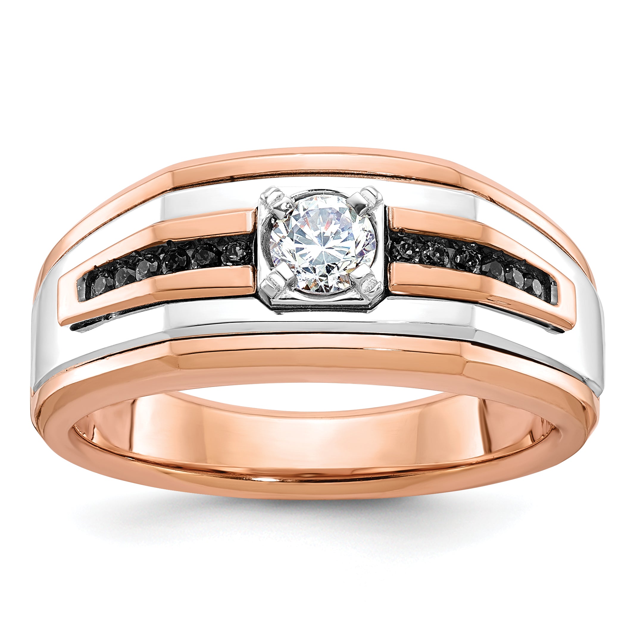 14k Two-tone White/Rose Gold Mens 1/2 carat Black/White Diamond Complete Ring - Sophia Jewelers