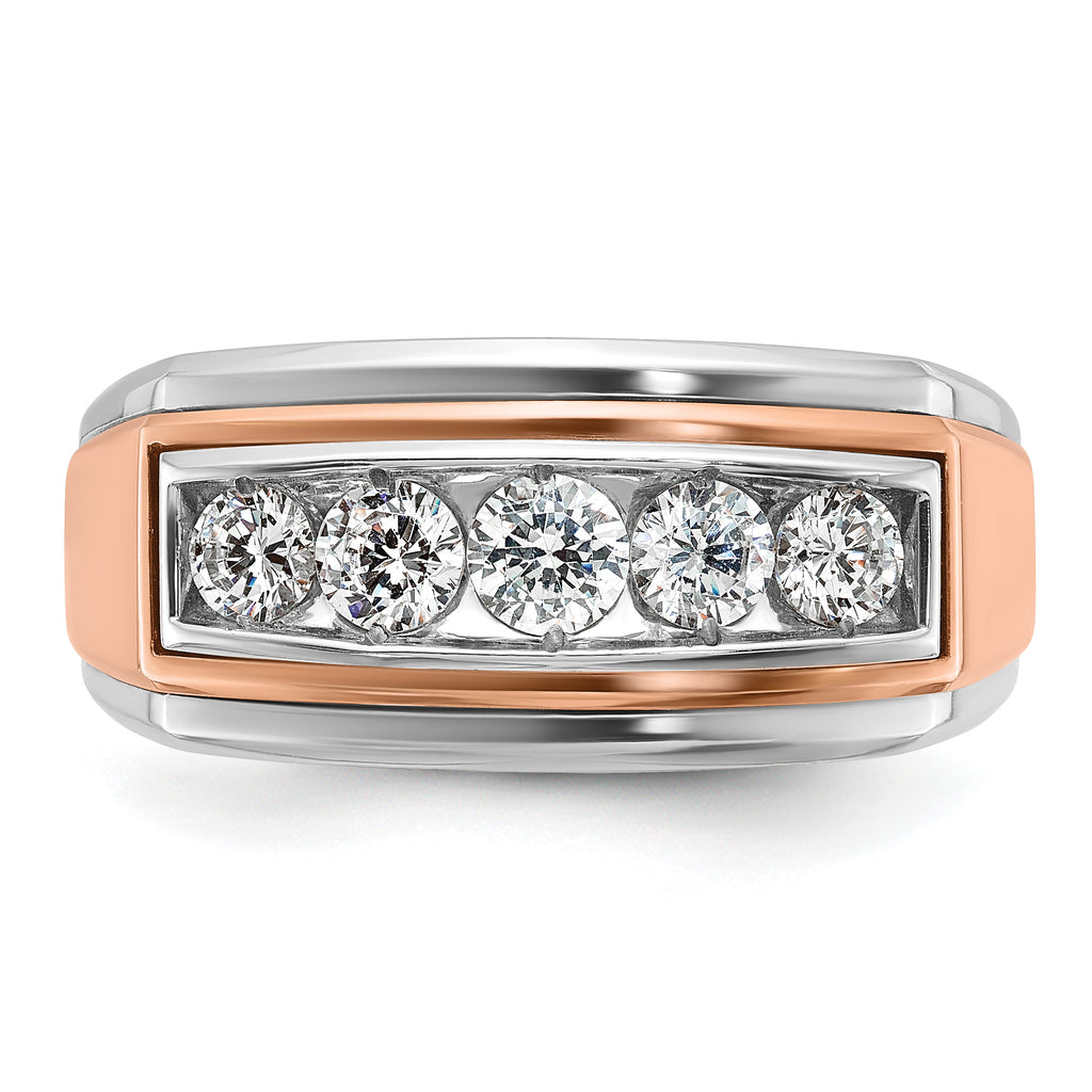 14k White and Rose Gold Men's Polished and Grooved 5-Stone 1 Carat AA Quality Diamond Ring - Sophia Jewelers