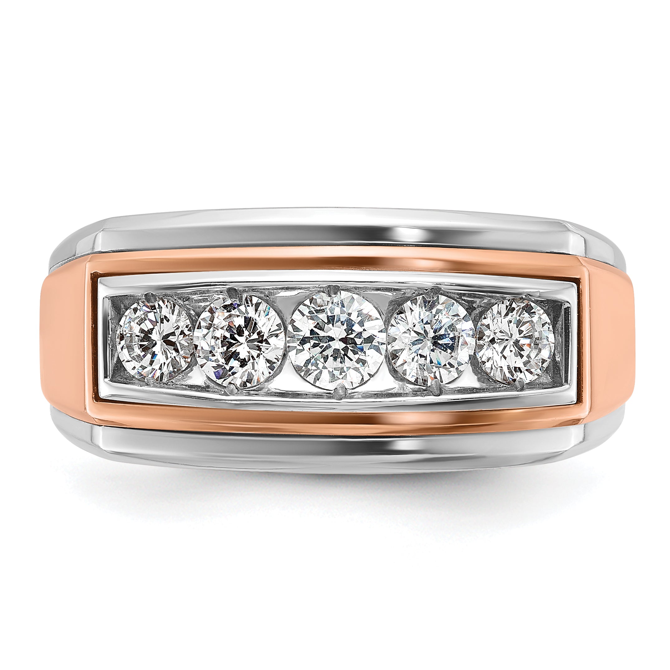14k White and Rose Gold Men's Polished and Grooved 5-Stone 1 Carat AA Quality Diamond Ring - Sophia Jewelers