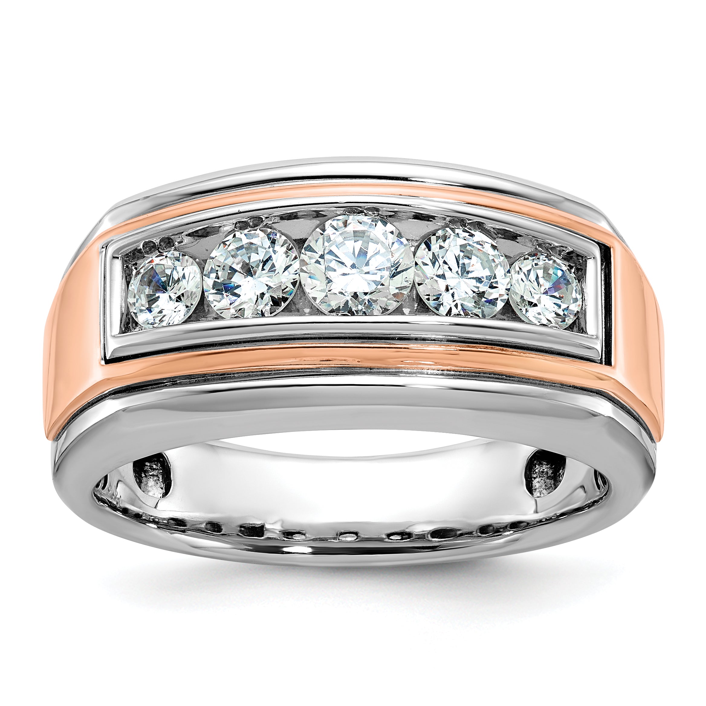 14k White and Rose Gold Men's Polished and Grooved 5-Stone Ring Mounting, Mounting Only - Sophia Jewelers