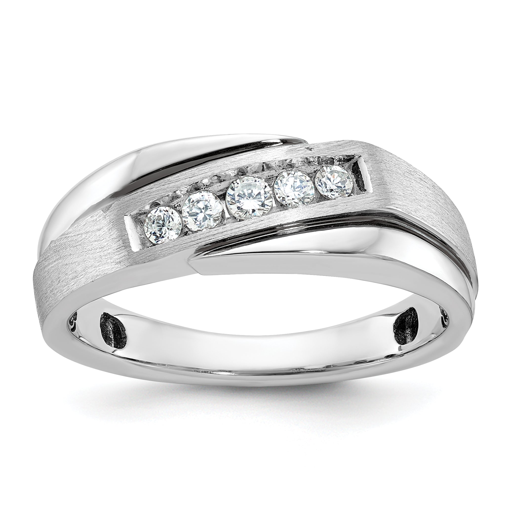 14k White Gold with Black Rhodium Mens Polished Satin and Grooved 5-Stone 1/4 Carat AA Diamond Ring - Sophia Jewelers