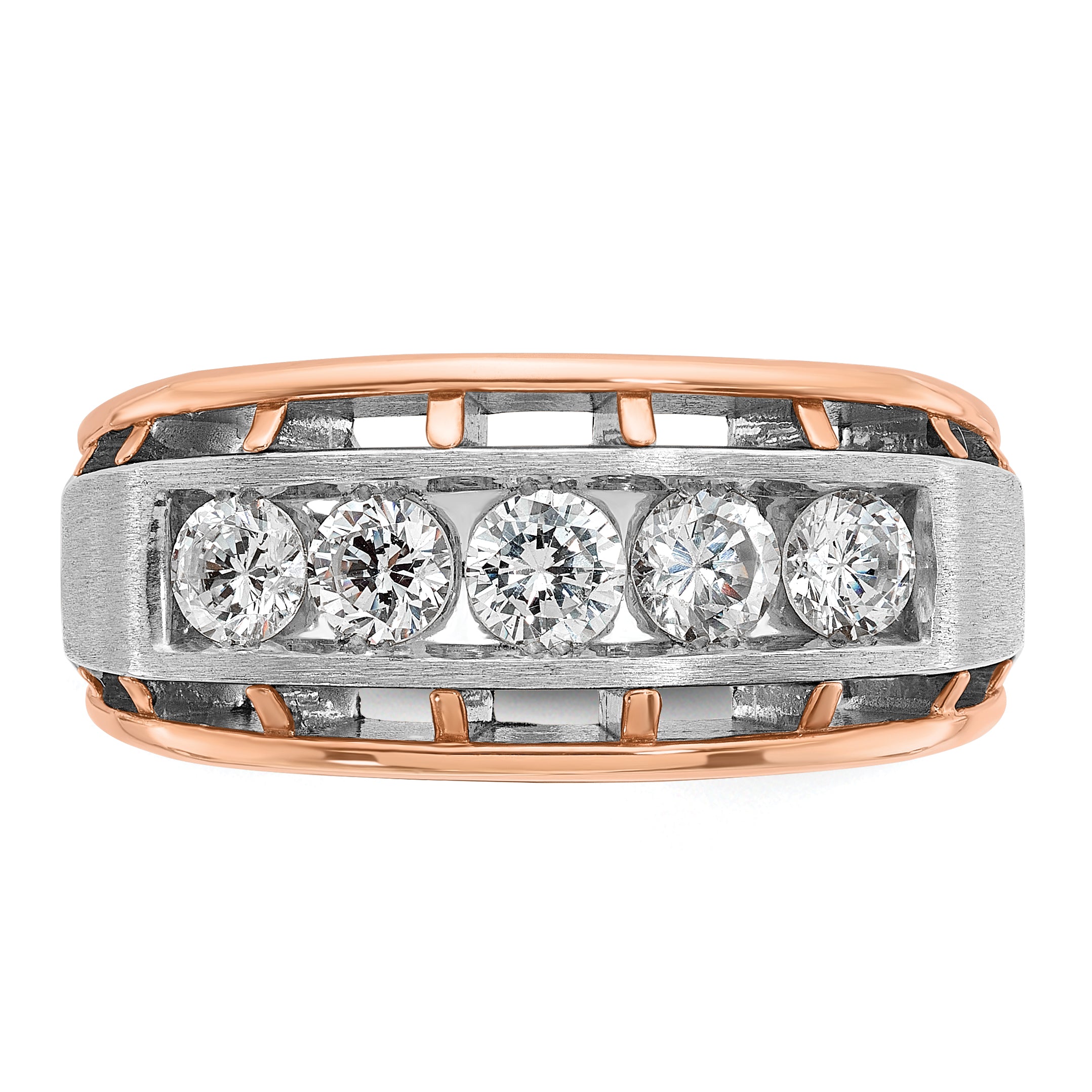 10k White and Rose Gold Men's Polished Satin and Cut-Out 5-Stone 1 Carat A Quality Diamond Ring