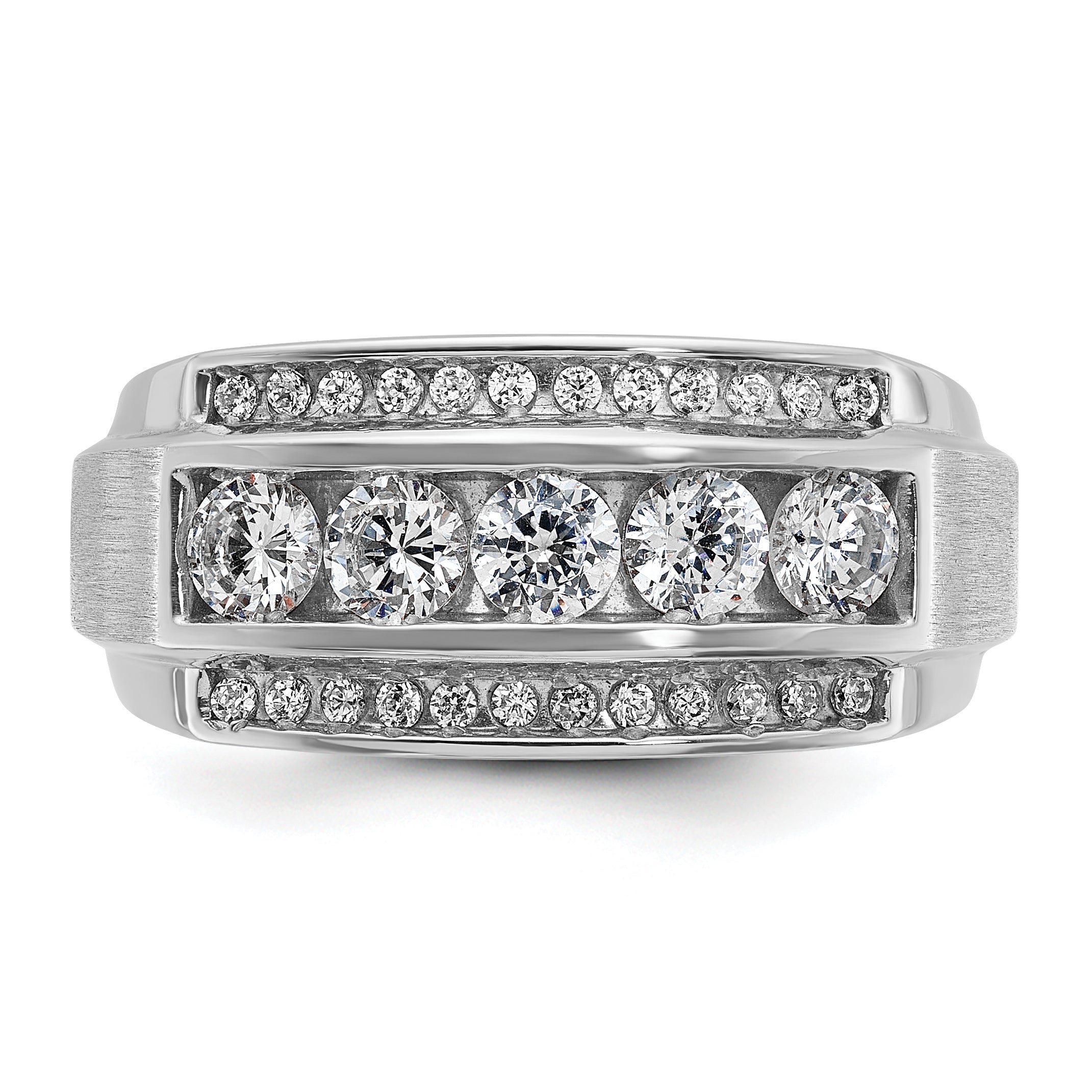 10k White Gold Men's Polished and Satin 3-Row 1 1/4 Carat A Quality Diamond Ring