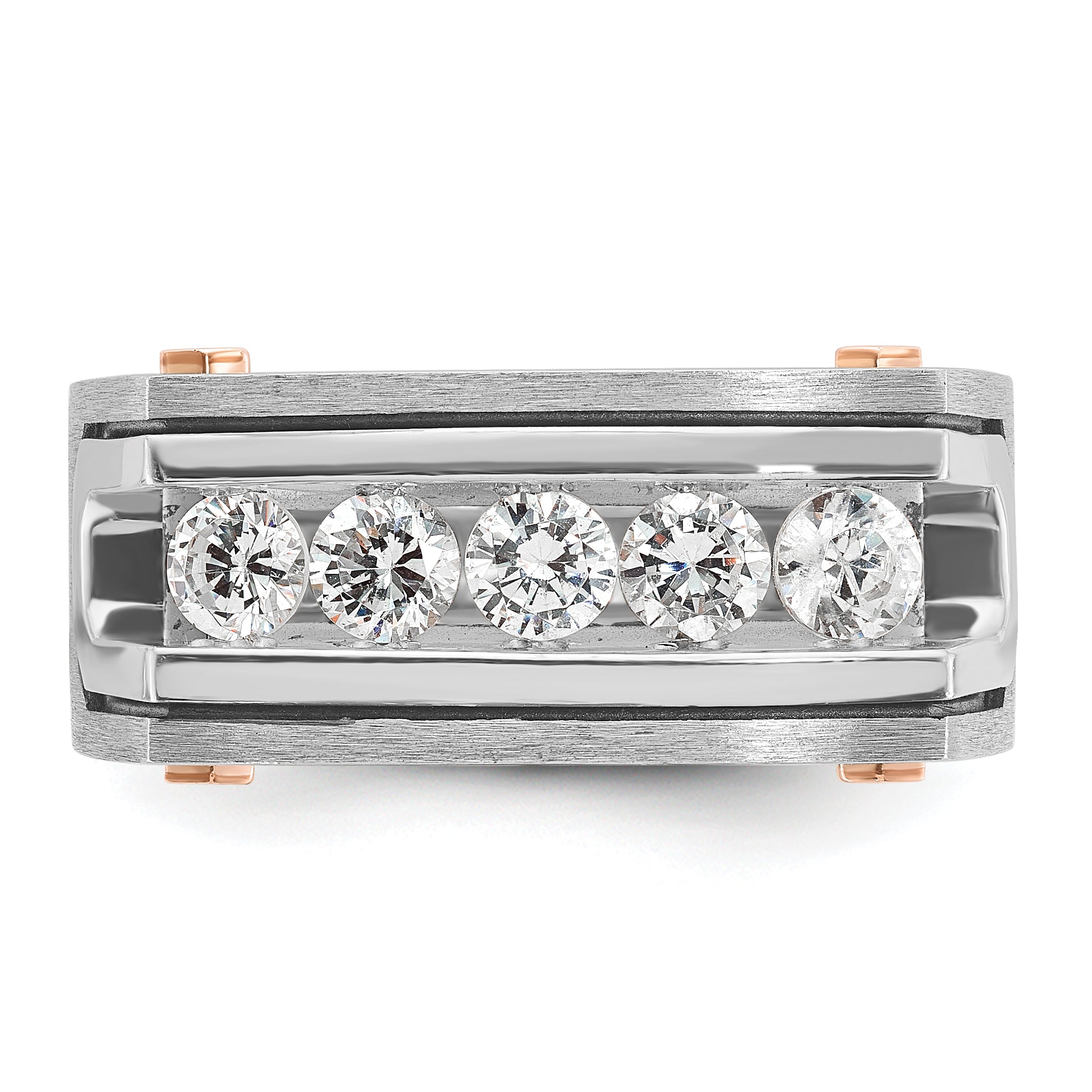14k White and Rose Gold with Black Rhodium Men's Polished Satin and Grooved 5-Stone 1 Carat AA Quali - Sophia Jewelers