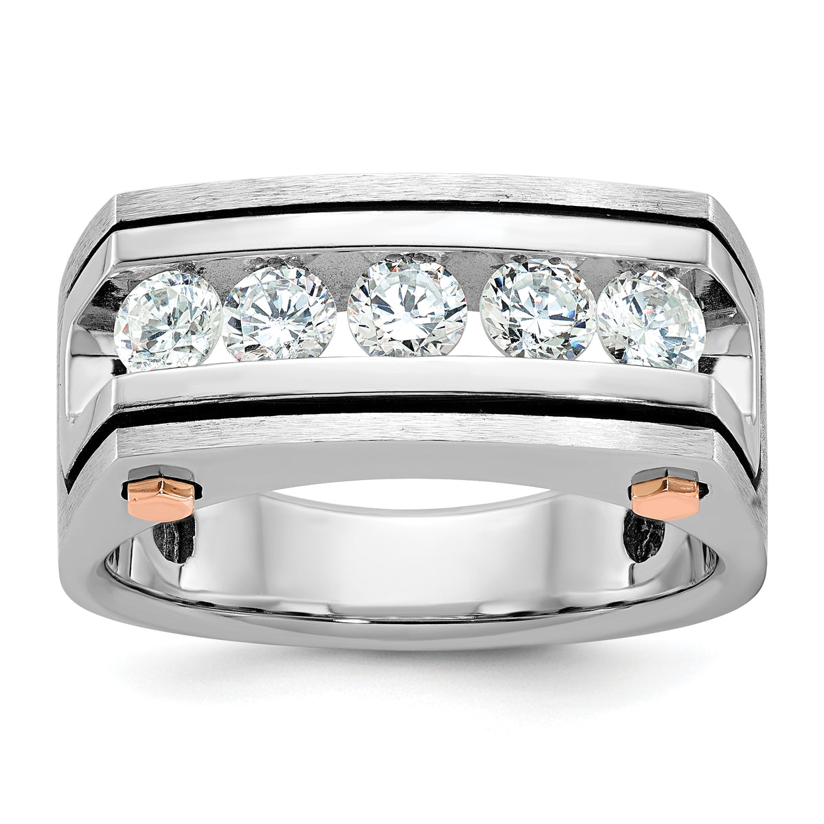 14k White and Rose Gold with Black Rhodium Men's Polished Satin and Grooved 5-Stone 1 Carat Lab Grown Diamond Ring - Sophia Jewelers